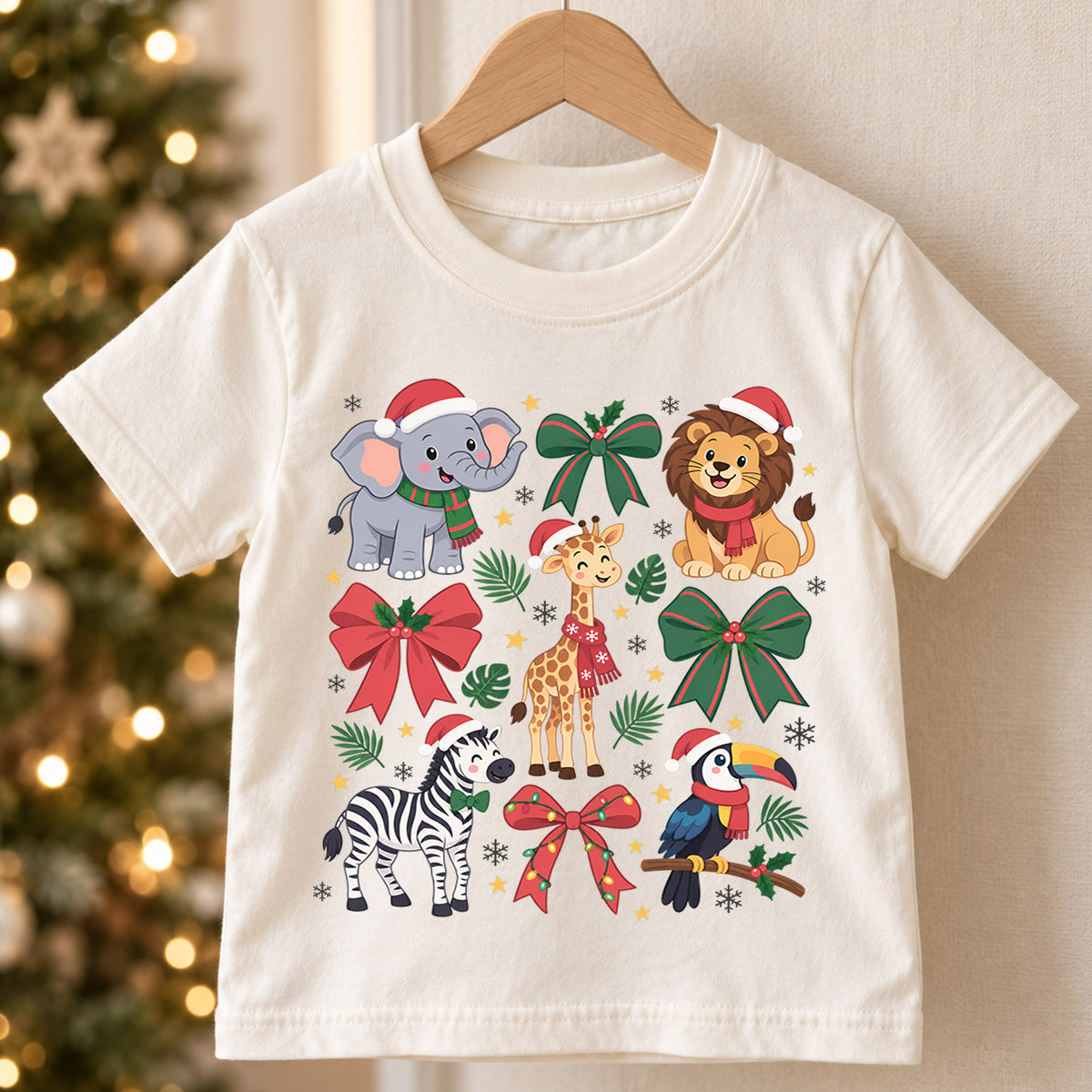 Safari Animals Christmas Kids Shirt, Cute Elephant Lion Giraffe Zebra Tee, Jungle Holiday Outfit for Boys Girls, Christmas Gift for Kids — product view 5
