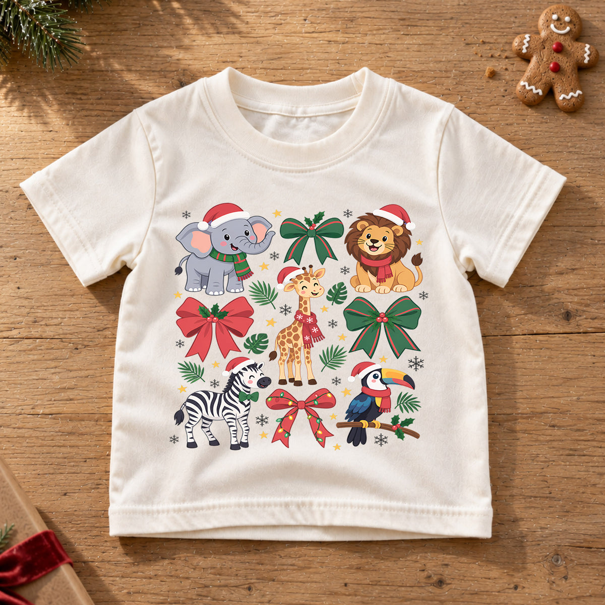 Safari Animals Christmas Kids Shirt, Cute Elephant Lion Giraffe Zebra Tee, Jungle Holiday Outfit for Boys Girls, Christmas Gift for Kids — product view 6