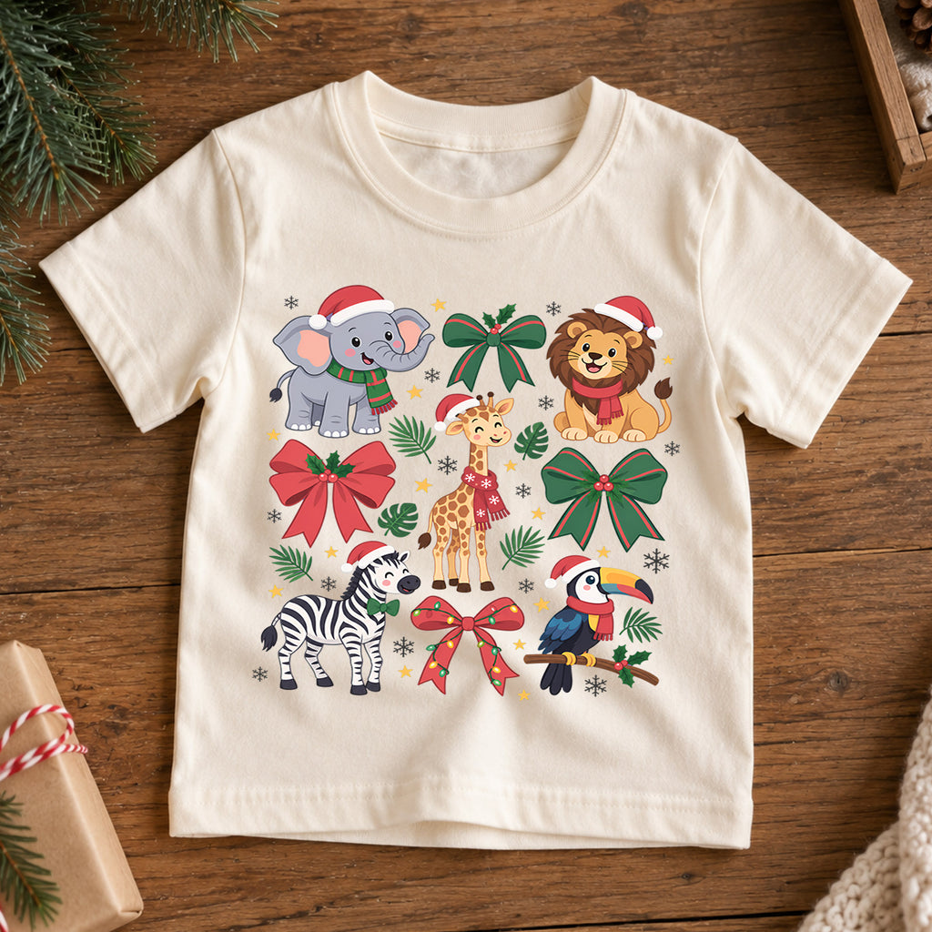 Safari Animals Christmas Kids Shirt, Cute Elephant Lion Giraffe Zebra Tee, Jungle Holiday Outfit for Boys Girls, Christmas Gift for Kids — product view 7