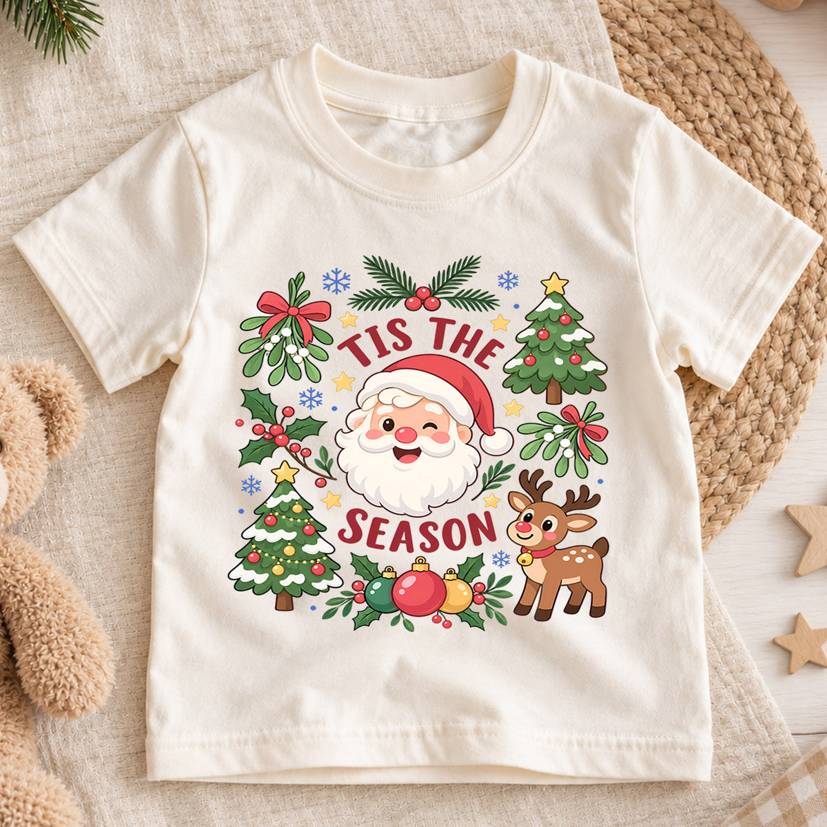 Tis the Season Kids Christmas Shirt, Cute Santa Reindeer Tee, Christmas Tree Holiday Shirt, Toddler Xmas Outfit, Festive Christmas Gift — product view 1