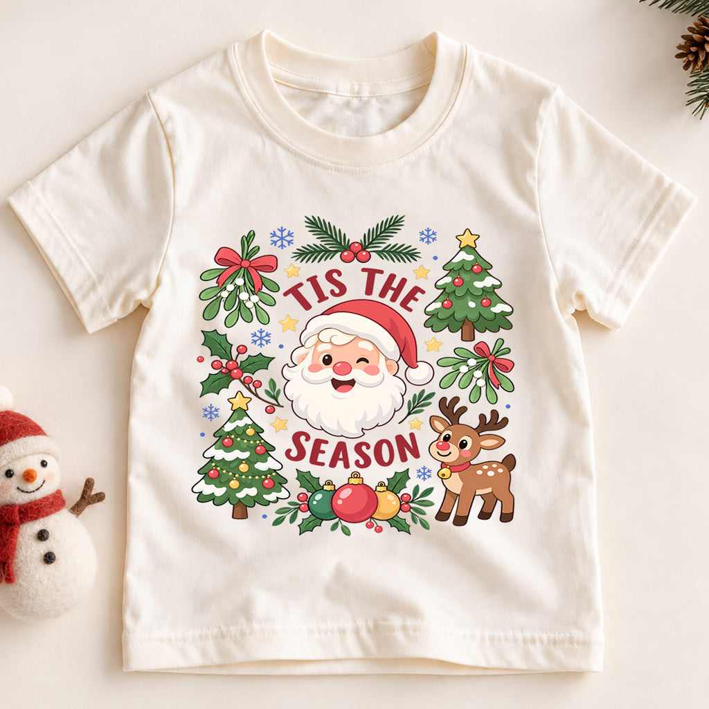 Tis the Season Kids Christmas Shirt, Cute Santa Reindeer Tee, Christmas Tree Holiday Shirt, Toddler Xmas Outfit, Festive Christmas Gift — product view 2
