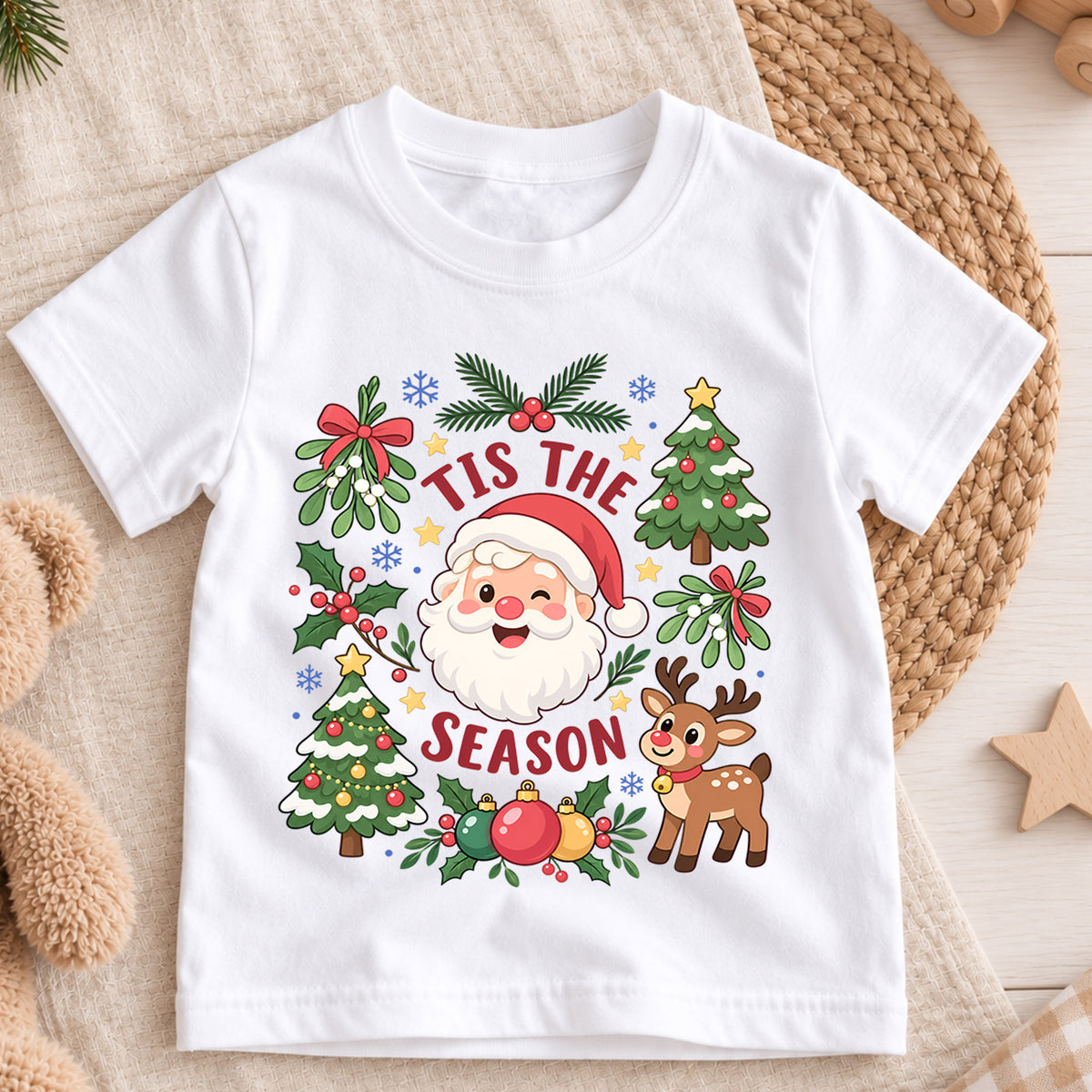 Tis the Season Kids Christmas Shirt, Cute Santa Reindeer Tee, Christmas Tree Holiday Shirt, Toddler Xmas Outfit, Festive Christmas Gift — product view 3