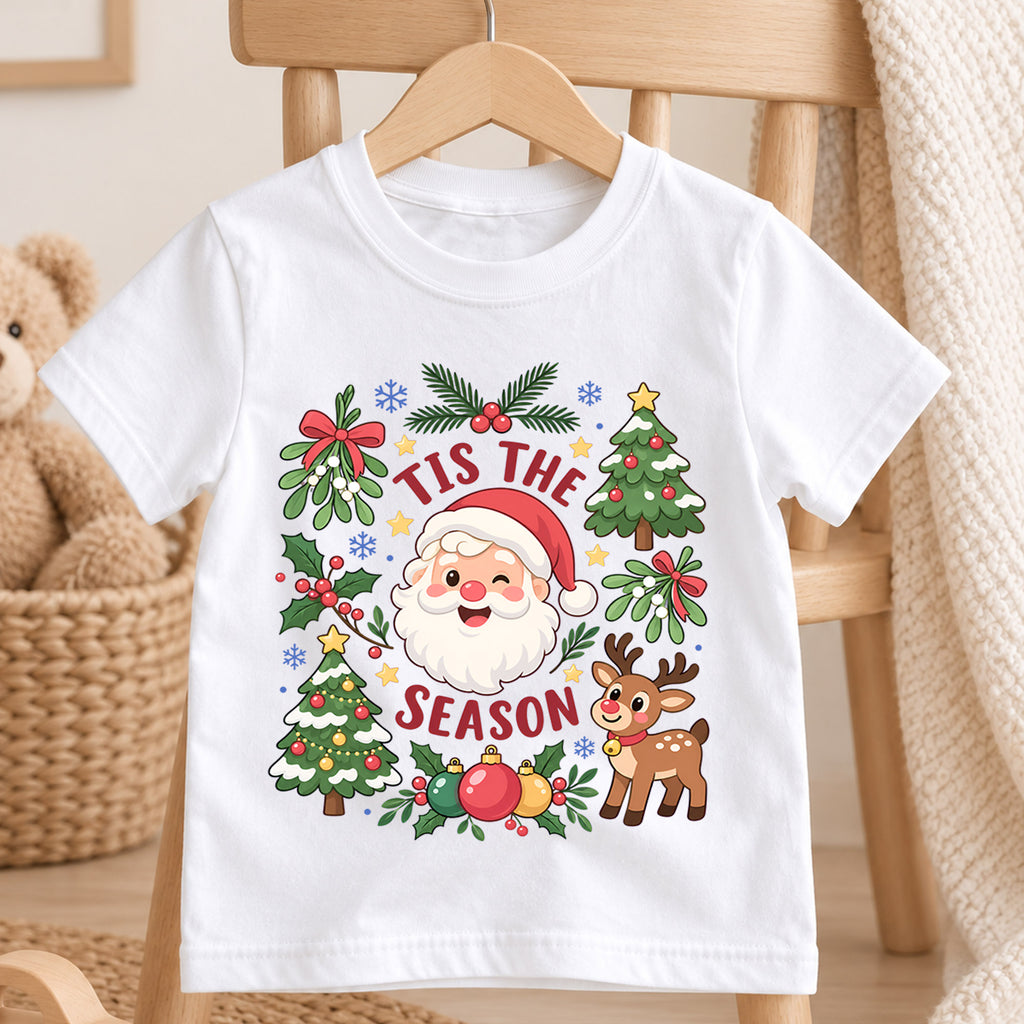 Tis the Season Kids Christmas Shirt, Cute Santa Reindeer Tee, Christmas Tree Holiday Shirt, Toddler Xmas Outfit, Festive Christmas Gift — product view 4