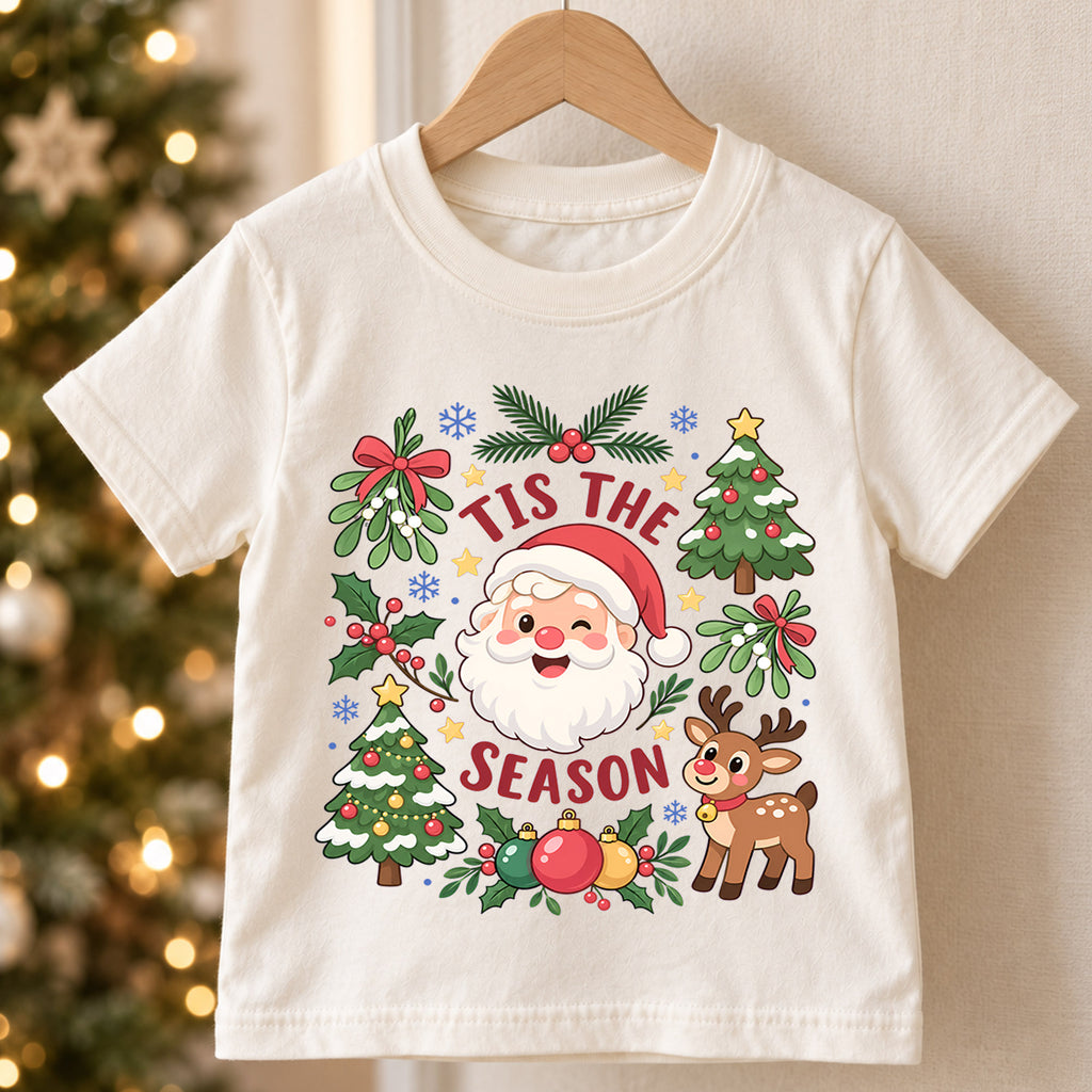 Tis the Season Kids Christmas Shirt, Cute Santa Reindeer Tee, Christmas Tree Holiday Shirt, Toddler Xmas Outfit, Festive Christmas Gift — product view 5