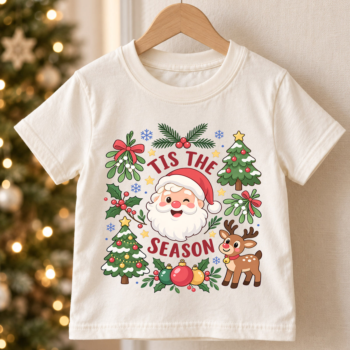Tis the Season Kids Christmas Shirt, Cute Santa Reindeer Tee, Christmas Tree Holiday Shirt, Toddler Xmas Outfit, Festive Christmas Gift — product view 5