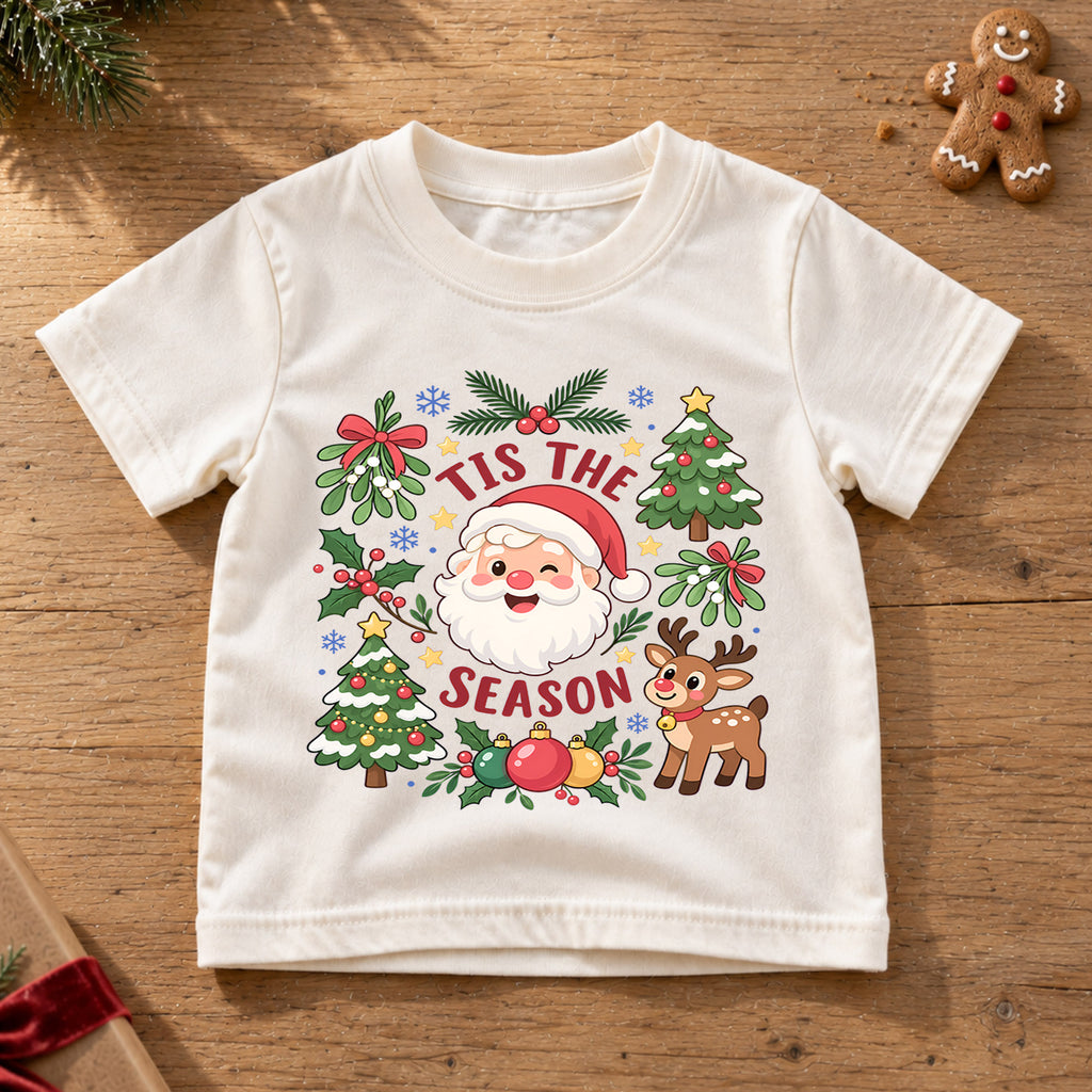 Tis the Season Kids Christmas Shirt, Cute Santa Reindeer Tee, Christmas Tree Holiday Shirt, Toddler Xmas Outfit, Festive Christmas Gift — product view 6