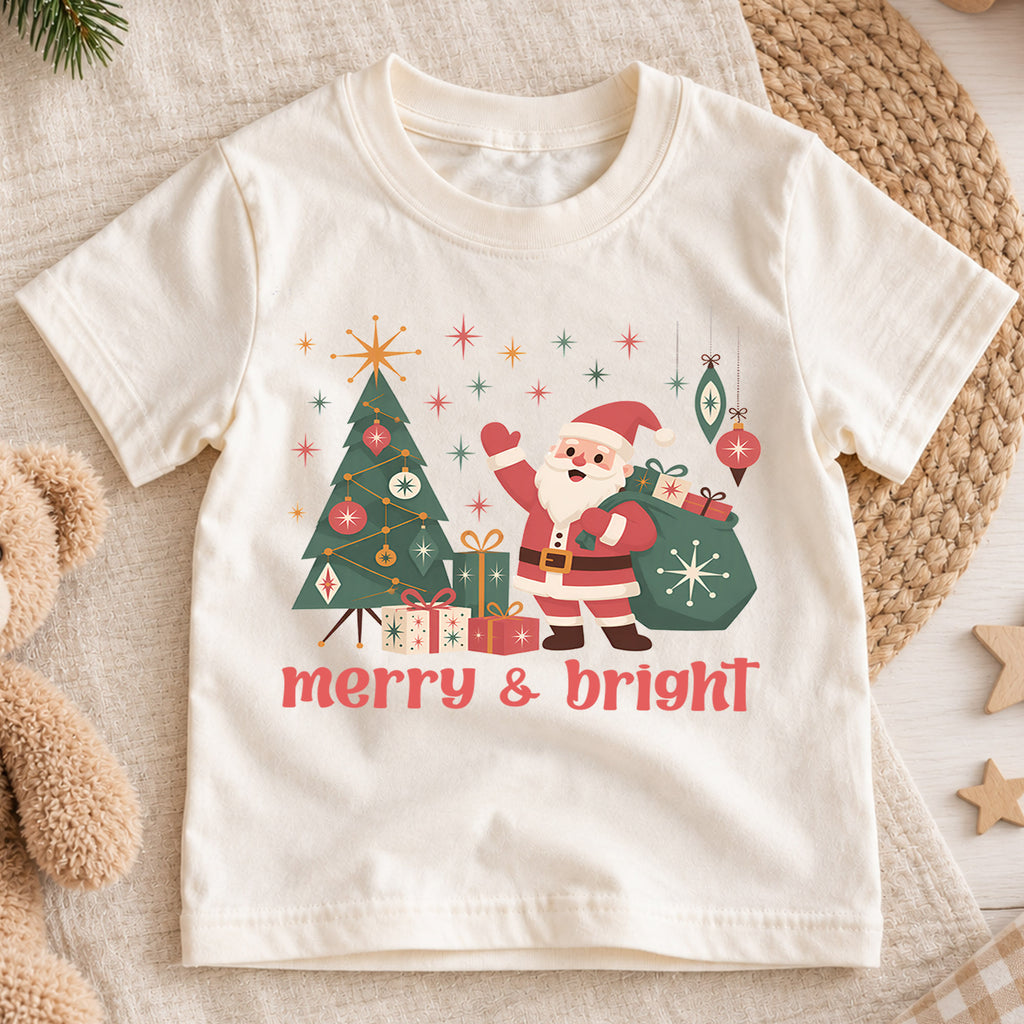 Merry and Bright Kids Christmas Shirt, Retro Santa Christmas Tree Tee, Vintage Holiday Shirt for Boys and Girls, Cute Festive Xmas Outfit — product view 1