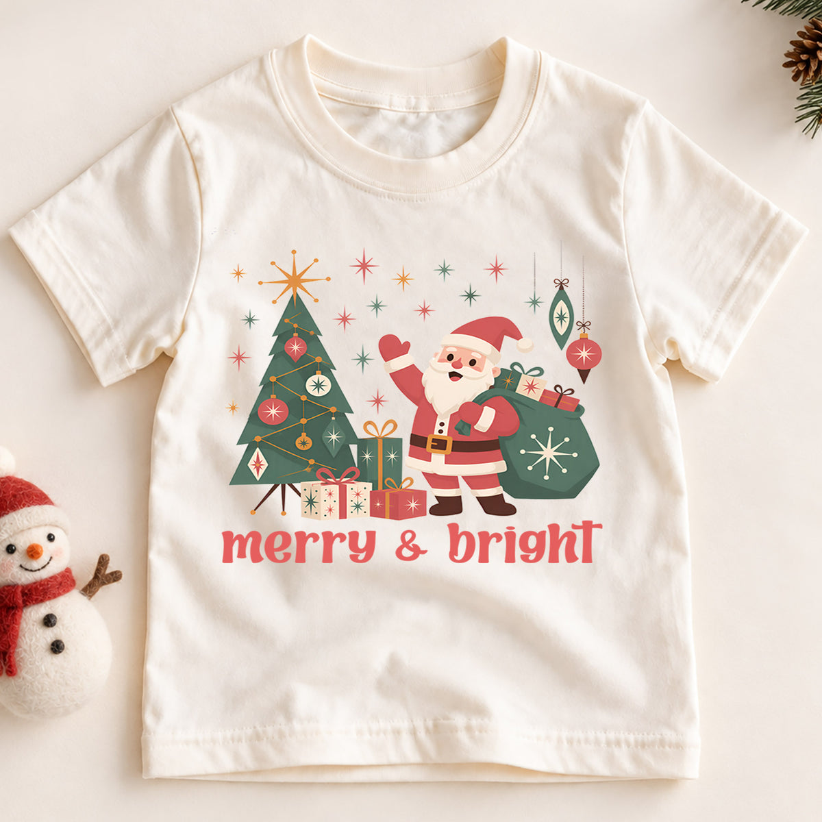 Merry and Bright Kids Christmas Shirt, Retro Santa Christmas Tree Tee, Vintage Holiday Shirt for Boys and Girls, Cute Festive Xmas Outfit — product view 2