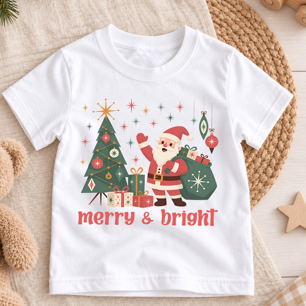 Merry and Bright Kids Christmas Shirt, Retro Santa Christmas Tree Tee, Vintage Holiday Shirt for Boys and Girls, Cute Festive Xmas Outfit — product view 3