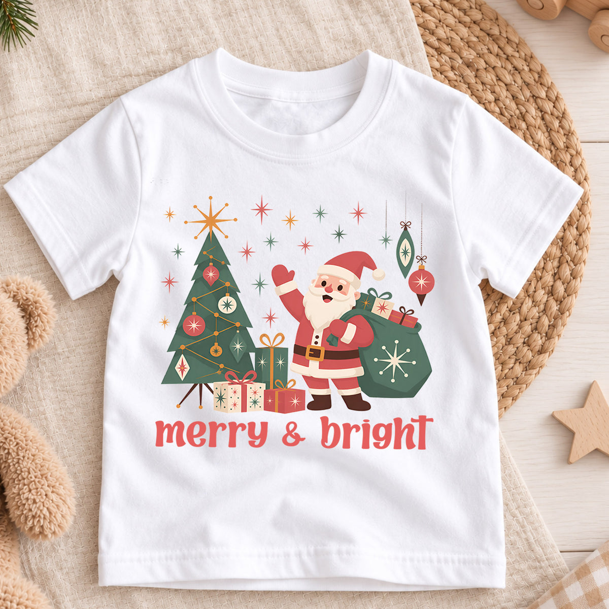 Merry and Bright Kids Christmas Shirt, Retro Santa Christmas Tree Tee, Vintage Holiday Shirt for Boys and Girls, Cute Festive Xmas Outfit — product view 3