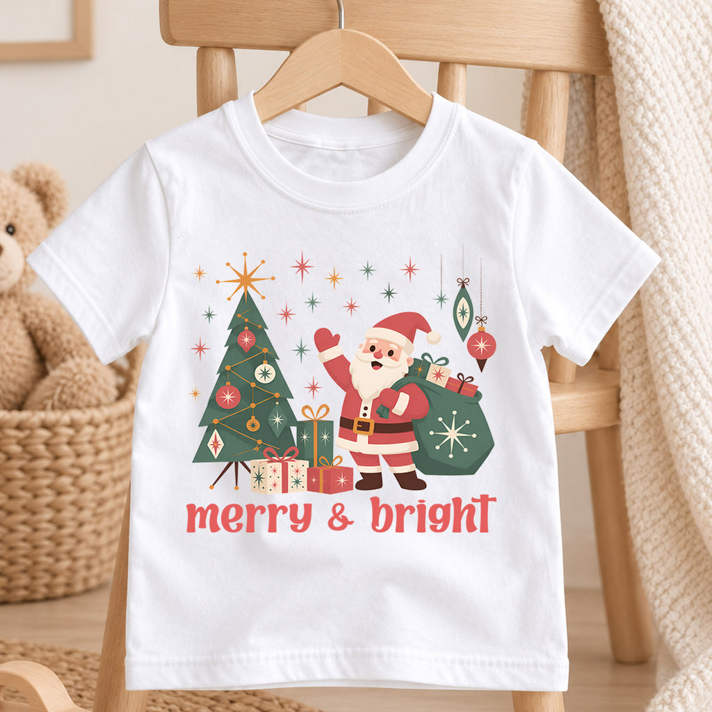 Merry and Bright Kids Christmas Shirt, Retro Santa Christmas Tree Tee, Vintage Holiday Shirt for Boys and Girls, Cute Festive Xmas Outfit — product view 4