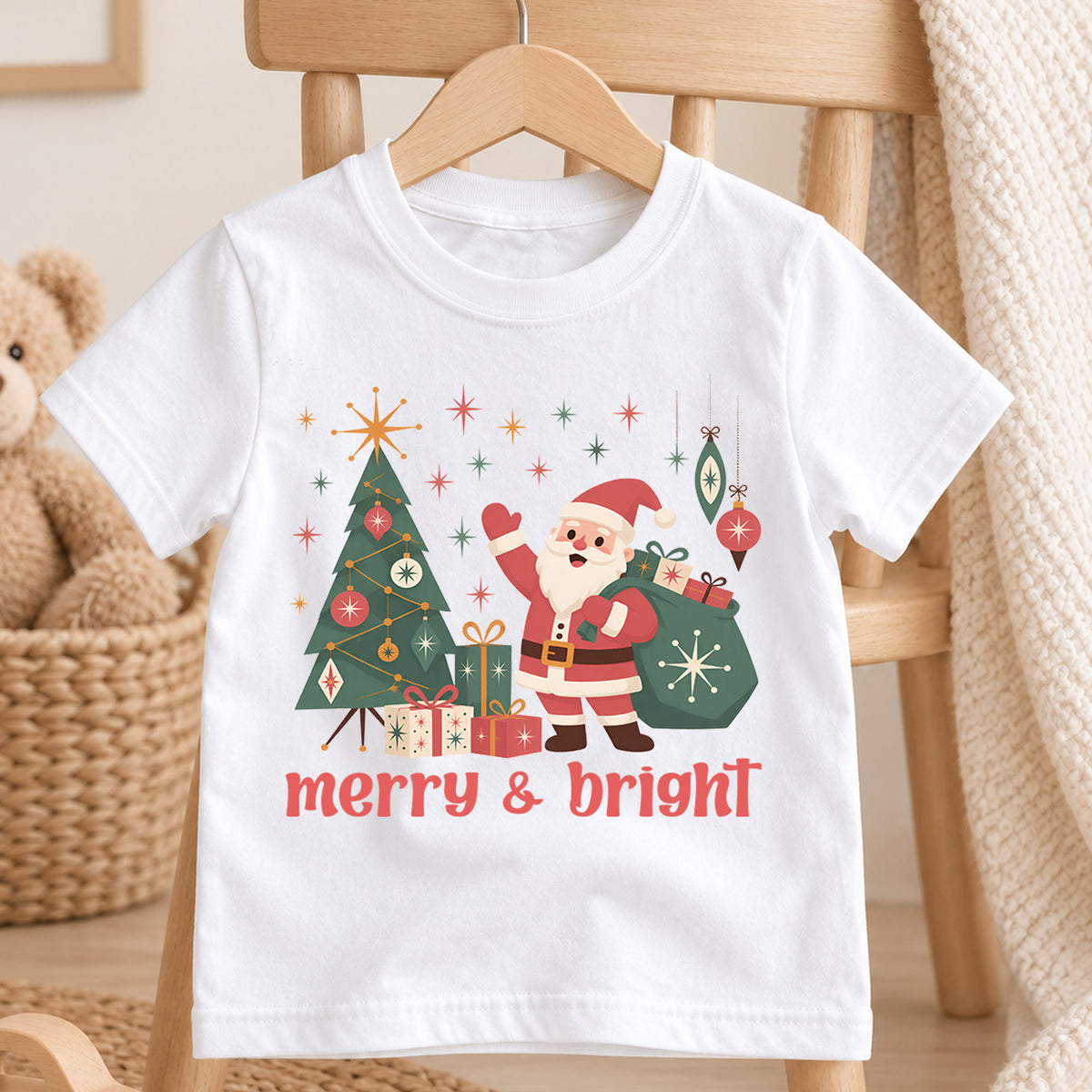 Merry and Bright Kids Christmas Shirt, Retro Santa Christmas Tree Tee, Vintage Holiday Shirt for Boys and Girls, Cute Festive Xmas Outfit — product view 4