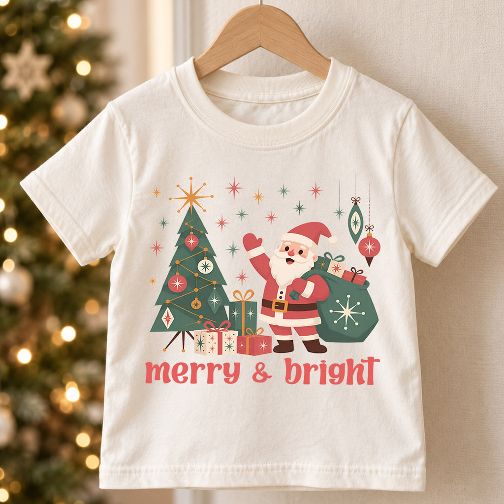 Merry and Bright Kids Christmas Shirt, Retro Santa Christmas Tree Tee, Vintage Holiday Shirt for Boys and Girls, Cute Festive Xmas Outfit — product view 5