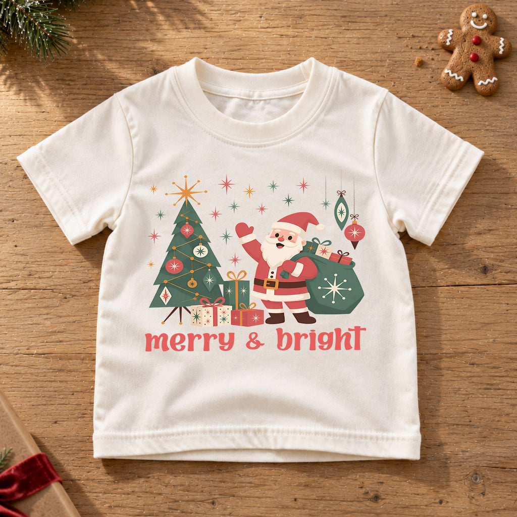 Merry and Bright Kids Christmas Shirt, Retro Santa Christmas Tree Tee, Vintage Holiday Shirt for Boys and Girls, Cute Festive Xmas Outfit — product view 6