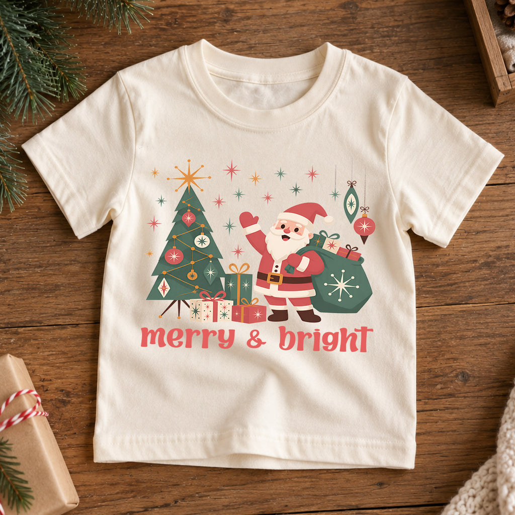Merry and Bright Kids Christmas Shirt, Retro Santa Christmas Tree Tee, Vintage Holiday Shirt for Boys and Girls, Cute Festive Xmas Outfit — product view 7