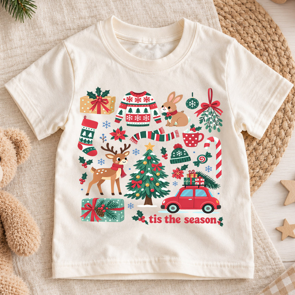 Tis the Season Kids Christmas Shirt, Reindeer Tree Sweater Candy Cane Tee, Cute Holiday Collage Outfit for Boys Girls, Christmas Gift — product view 1