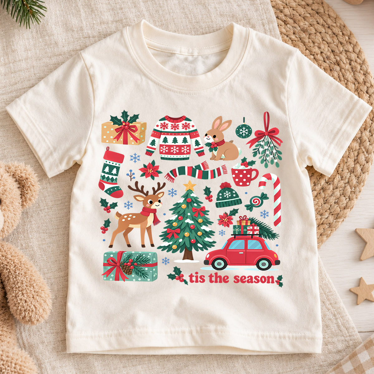 Tis the Season Kids Christmas Shirt, Reindeer Tree Sweater Candy Cane Tee, Cute Holiday Collage Outfit for Boys Girls, Christmas Gift — product view 1