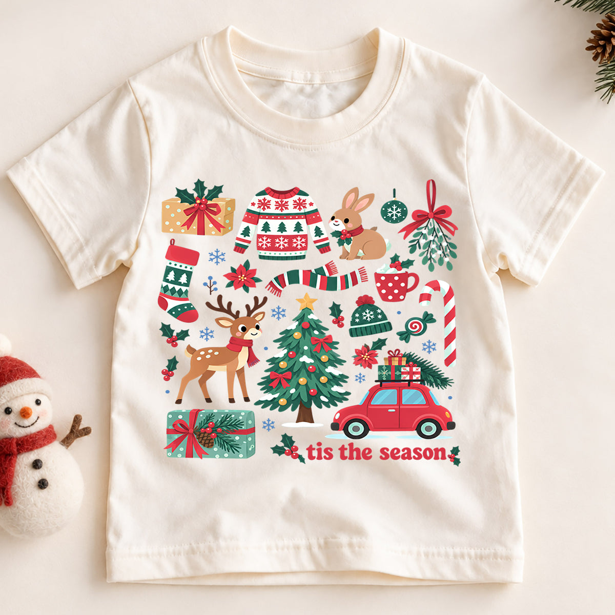 Tis the Season Kids Christmas Shirt, Reindeer Tree Sweater Candy Cane Tee, Cute Holiday Collage Outfit for Boys Girls, Christmas Gift — product view 2