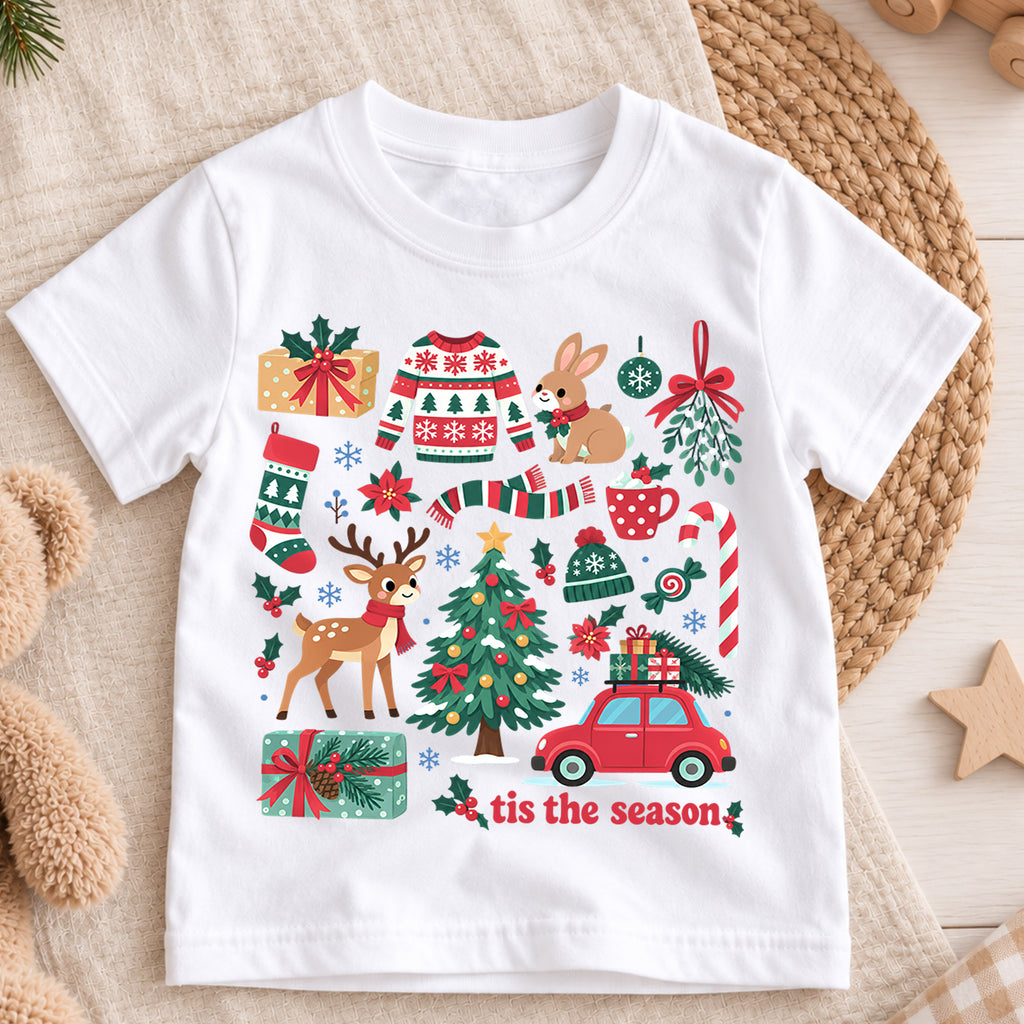 Tis the Season Kids Christmas Shirt, Reindeer Tree Sweater Candy Cane Tee, Cute Holiday Collage Outfit for Boys Girls, Christmas Gift — product view 3