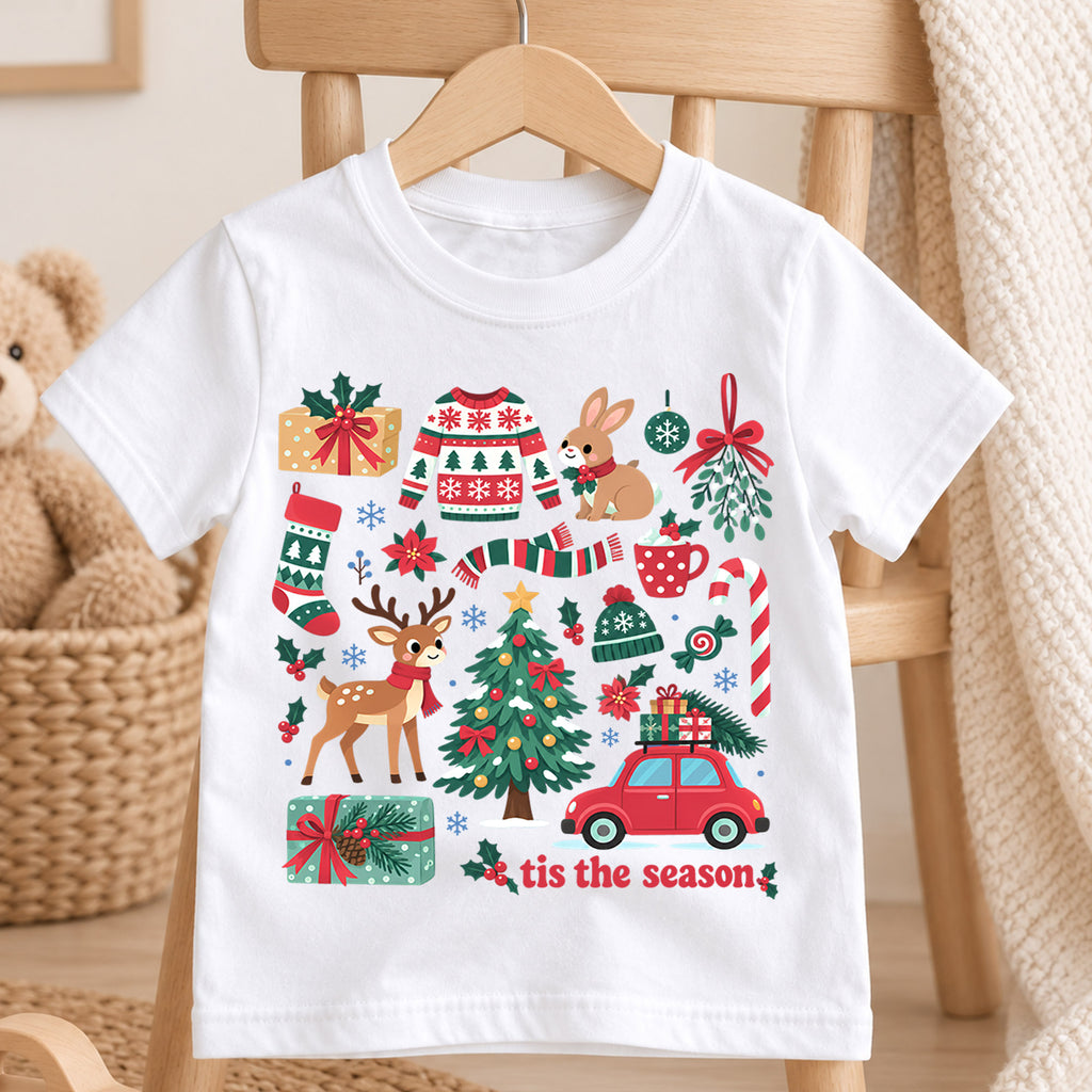 Tis the Season Kids Christmas Shirt, Reindeer Tree Sweater Candy Cane Tee, Cute Holiday Collage Outfit for Boys Girls, Christmas Gift — product view 4