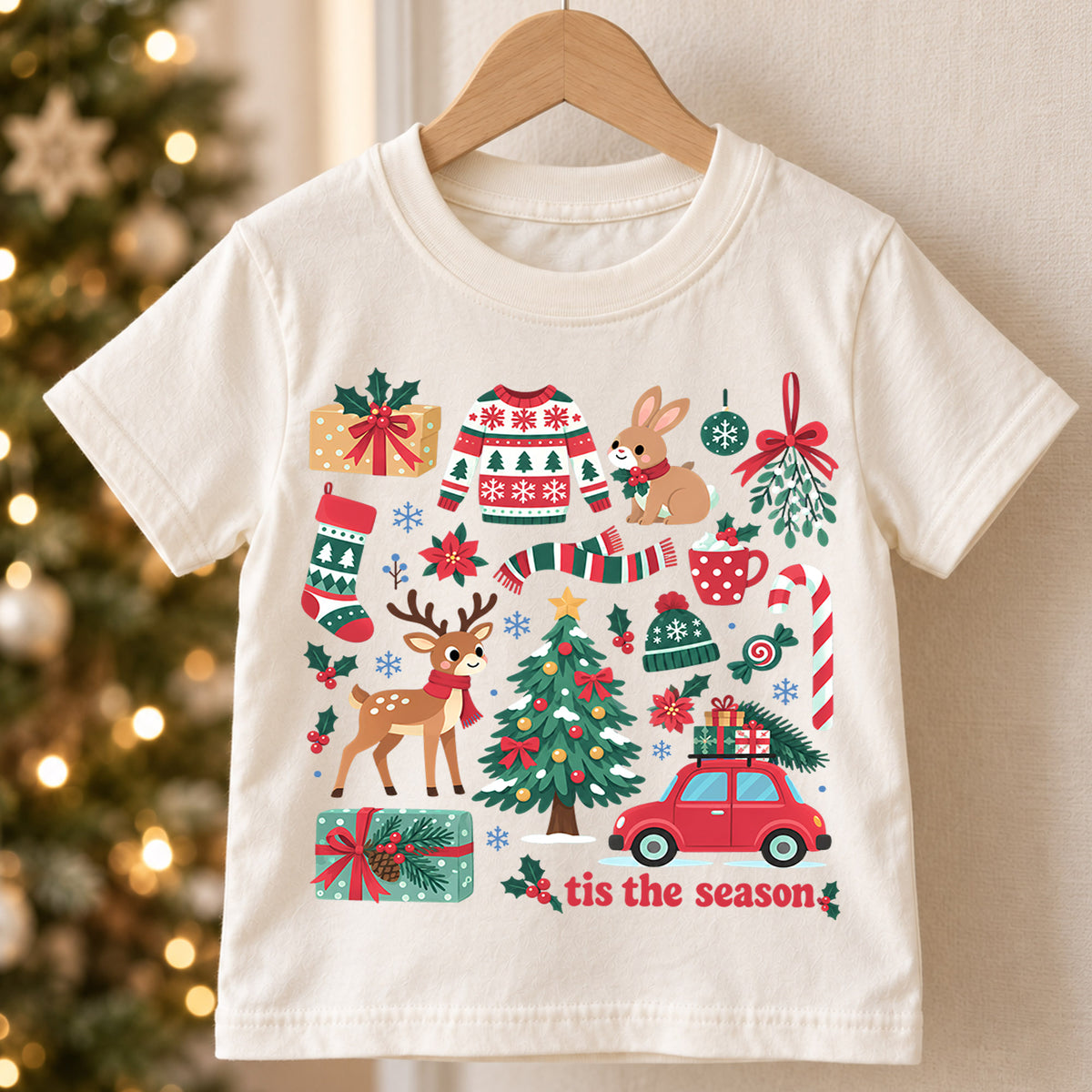 Tis the Season Kids Christmas Shirt, Reindeer Tree Sweater Candy Cane Tee, Cute Holiday Collage Outfit for Boys Girls, Christmas Gift — product view 5