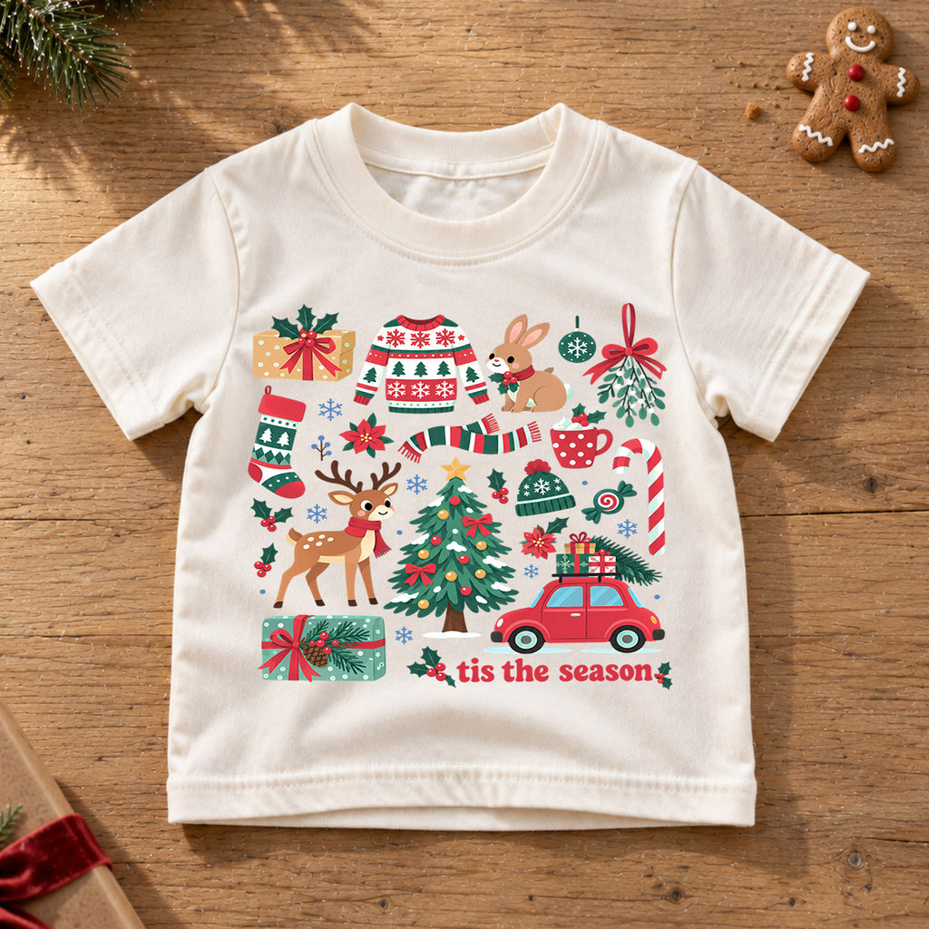 Tis the Season Kids Christmas Shirt, Reindeer Tree Sweater Candy Cane Tee, Cute Holiday Collage Outfit for Boys Girls, Christmas Gift — product view 6