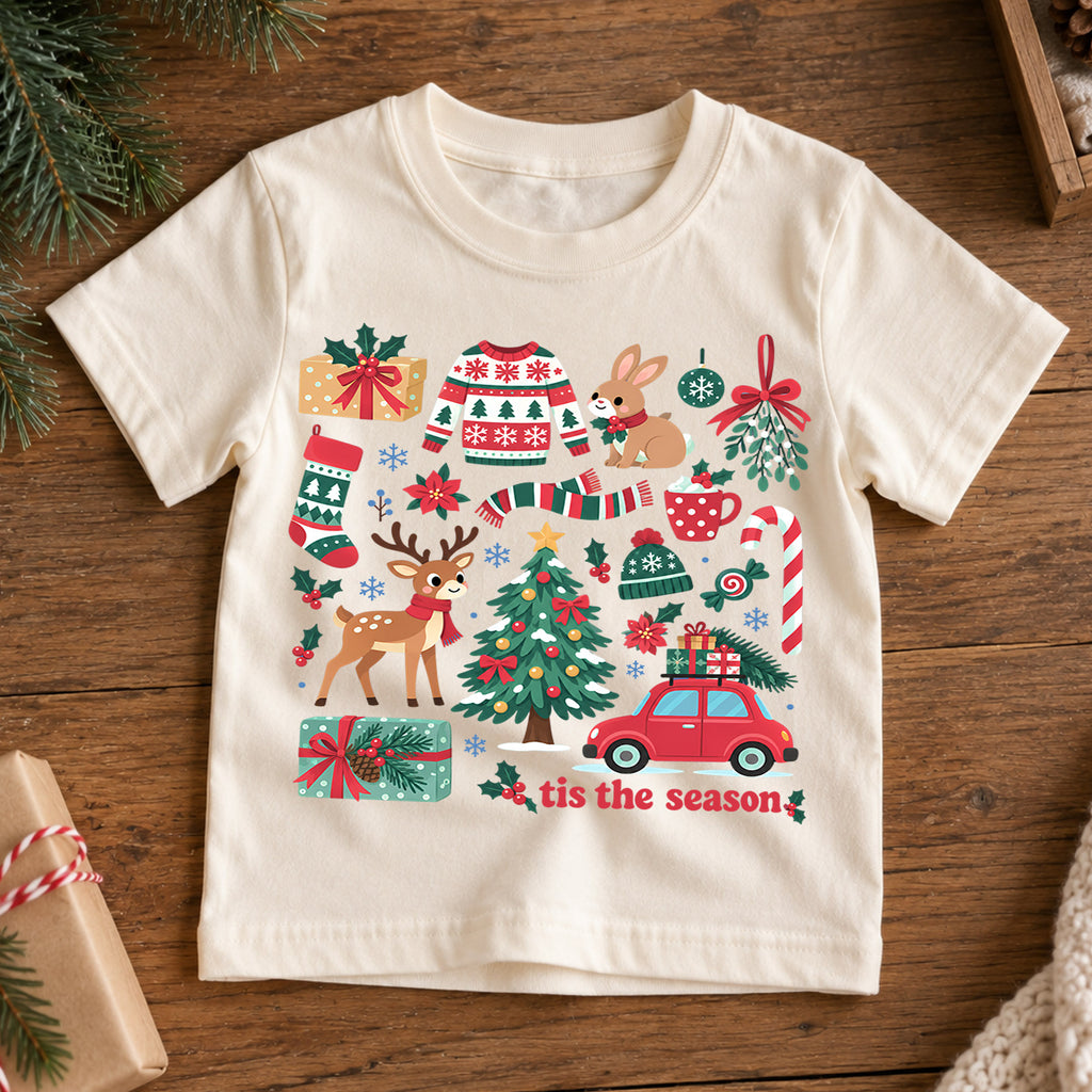 Tis the Season Kids Christmas Shirt, Reindeer Tree Sweater Candy Cane Tee, Cute Holiday Collage Outfit for Boys Girls, Christmas Gift — product view 7