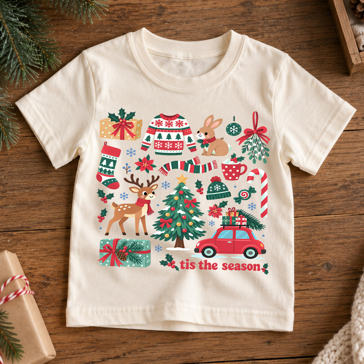 Tis the Season Kids Christmas Shirt, Reindeer Tree Sweater Candy Cane Tee, Cute Holiday Collage Outfit for Boys Girls, Christmas Gift — product view 7
