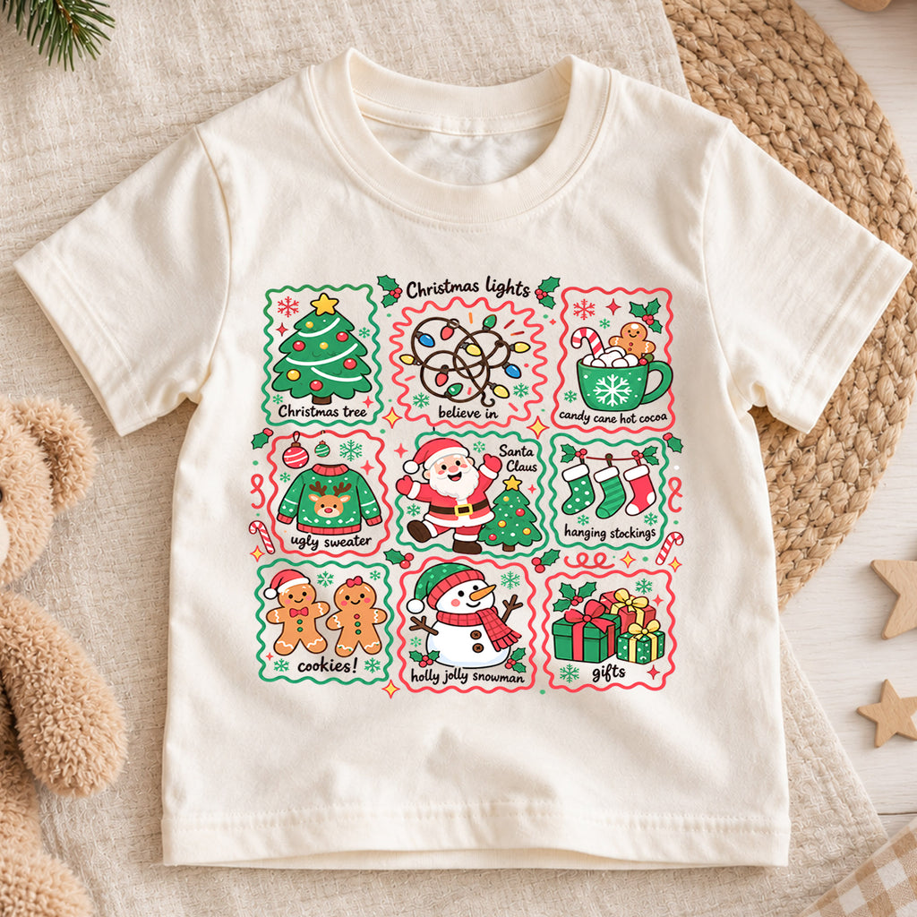 Christmas Favorites Kids Shirt, Christmas Lights Santa Snowman Tee, Cute Holiday Collage Shirt for Kids, Festive Christmas Gift for Boys and Girls — product view 1