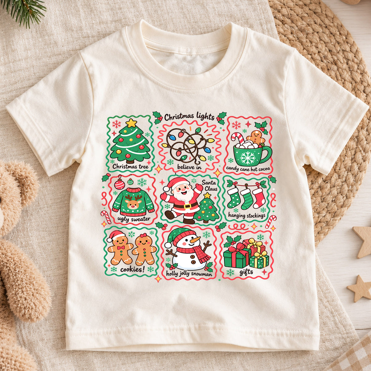 Christmas Favorites Kids Shirt, Christmas Lights Santa Snowman Tee, Cute Holiday Collage Shirt for Kids, Festive Christmas Gift for Boys and Girls — product view 1
