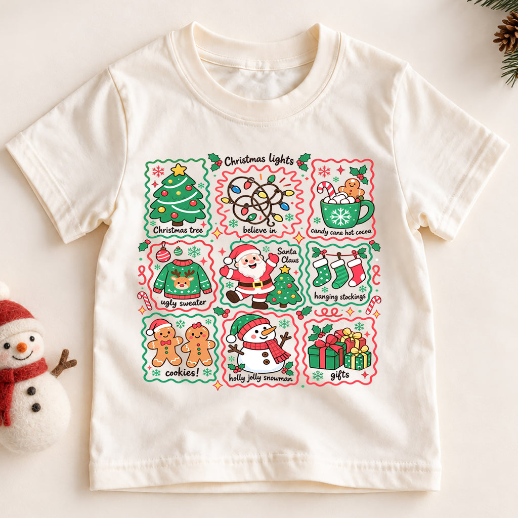 Christmas Favorites Kids Shirt, Christmas Lights Santa Snowman Tee, Cute Holiday Collage Shirt for Kids, Festive Christmas Gift for Boys and Girls — product view 2
