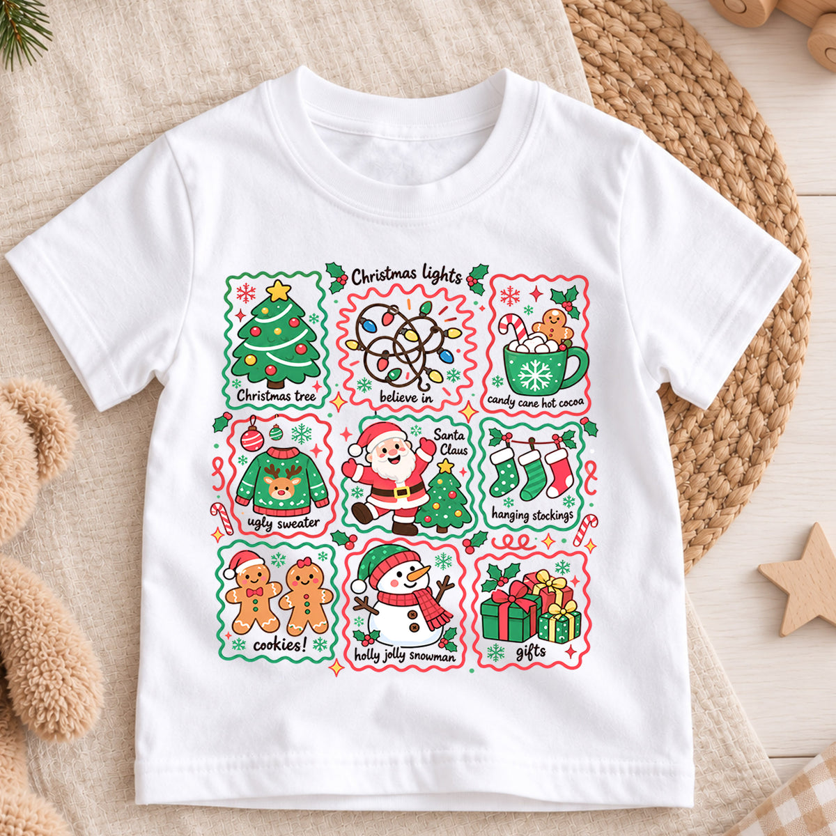 Christmas Favorites Kids Shirt, Christmas Lights Santa Snowman Tee, Cute Holiday Collage Shirt for Kids, Festive Christmas Gift for Boys and Girls — product view 3