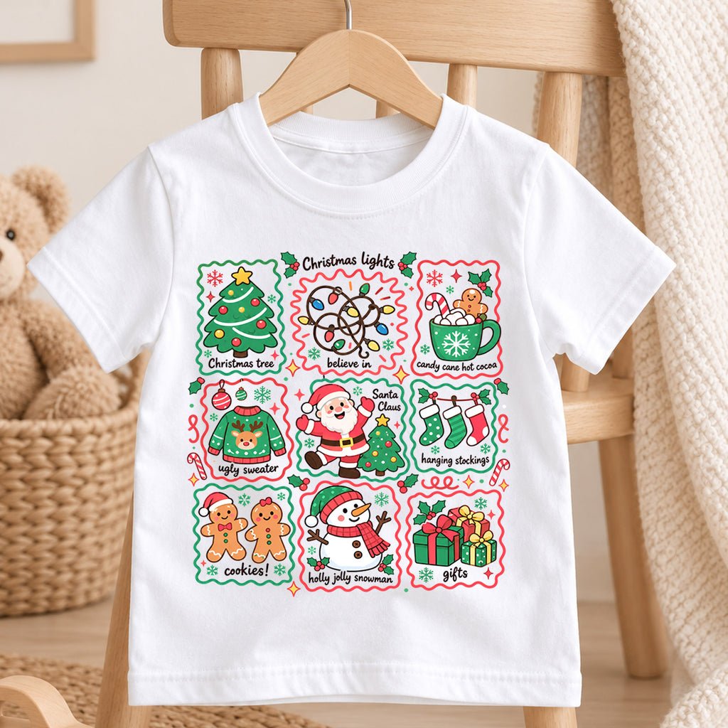 Christmas Favorites Kids Shirt, Christmas Lights Santa Snowman Tee, Cute Holiday Collage Shirt for Kids, Festive Christmas Gift for Boys and Girls — product view 4