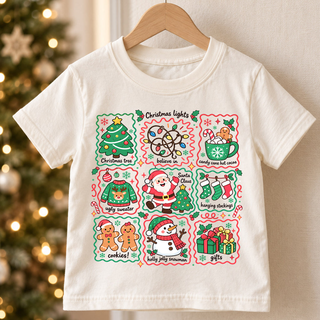 Christmas Favorites Kids Shirt, Christmas Lights Santa Snowman Tee, Cute Holiday Collage Shirt for Kids, Festive Christmas Gift for Boys and Girls — product view 5