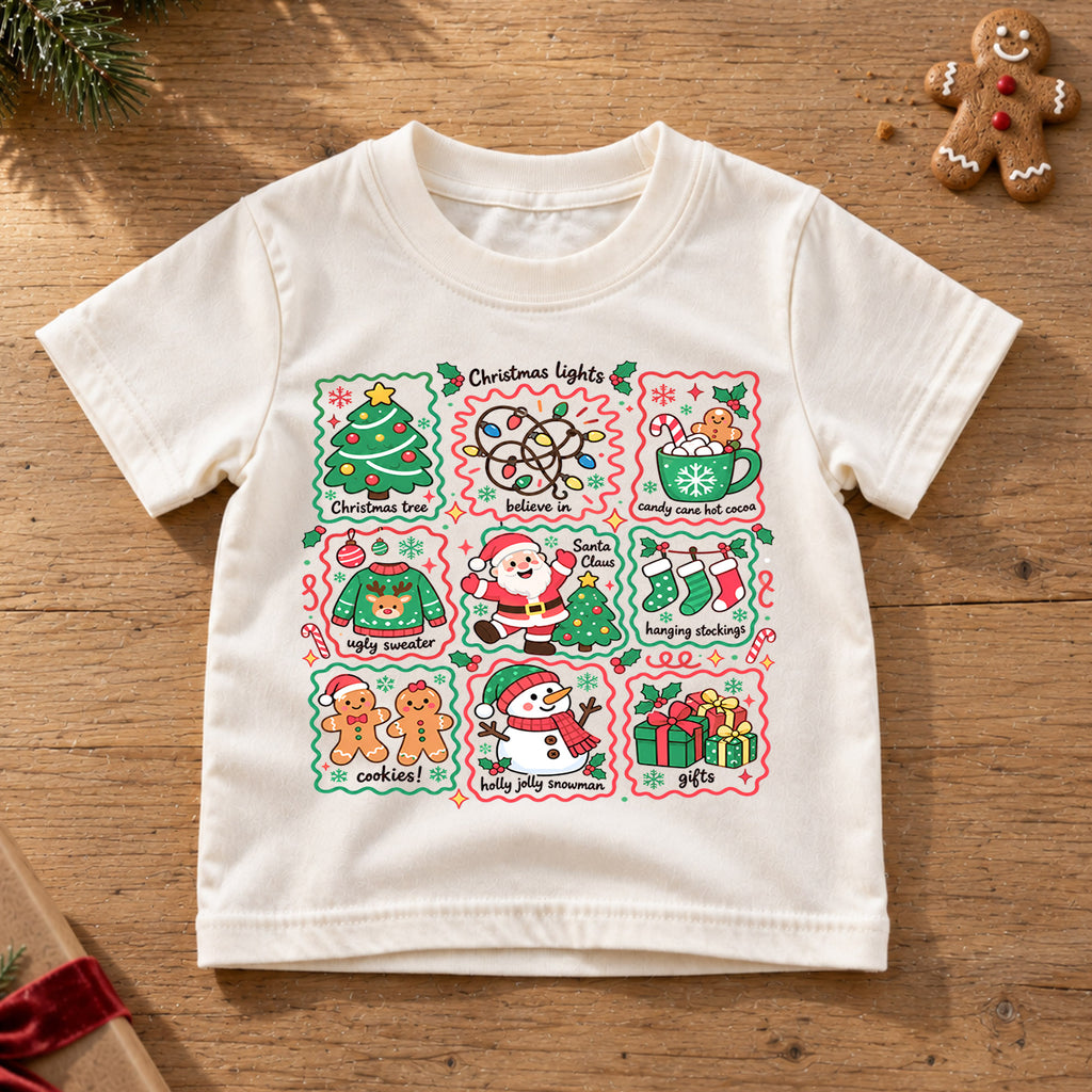 Christmas Favorites Kids Shirt, Christmas Lights Santa Snowman Tee, Cute Holiday Collage Shirt for Kids, Festive Christmas Gift for Boys and Girls — product view 6