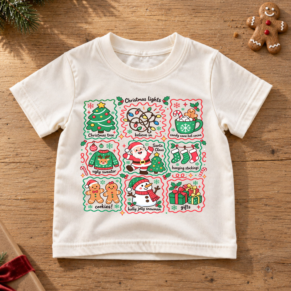 Christmas Favorites Kids Shirt, Christmas Lights Santa Snowman Tee, Cute Holiday Collage Shirt for Kids, Festive Christmas Gift for Boys and Girls — product view 6