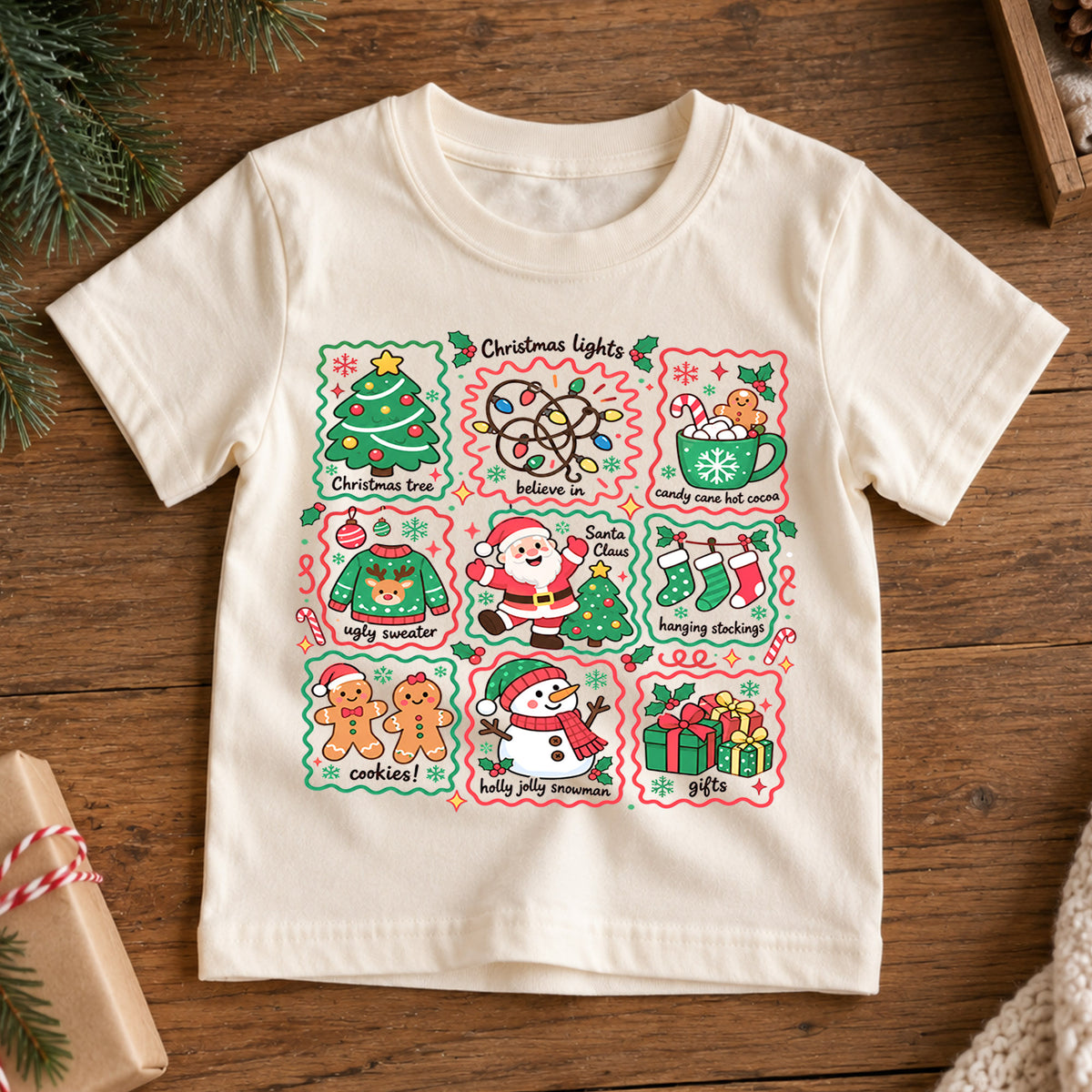 Christmas Favorites Kids Shirt, Christmas Lights Santa Snowman Tee, Cute Holiday Collage Shirt for Kids, Festive Christmas Gift for Boys and Girls — product view 7