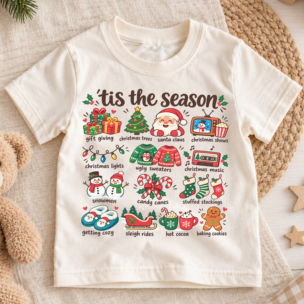 Tis the Season Kids Christmas Shirt, Santa Holiday Favorites Tee, Cute Christmas Icons Shirt for Boys and Girls, Festive Holiday Outfit — product view 1