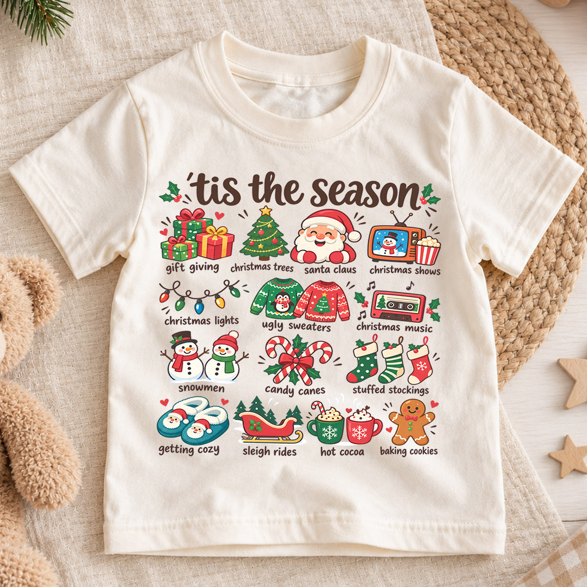 Tis the Season Kids Christmas Shirt, Santa Holiday Favorites Tee, Cute Christmas Icons Shirt for Boys and Girls, Festive Holiday Outfit — product view 1