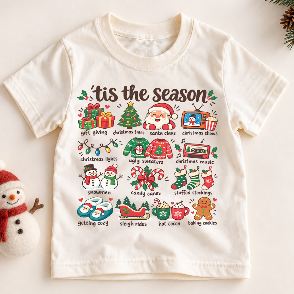 Tis the Season Kids Christmas Shirt, Santa Holiday Favorites Tee, Cute Christmas Icons Shirt for Boys and Girls, Festive Holiday Outfit — product view 2