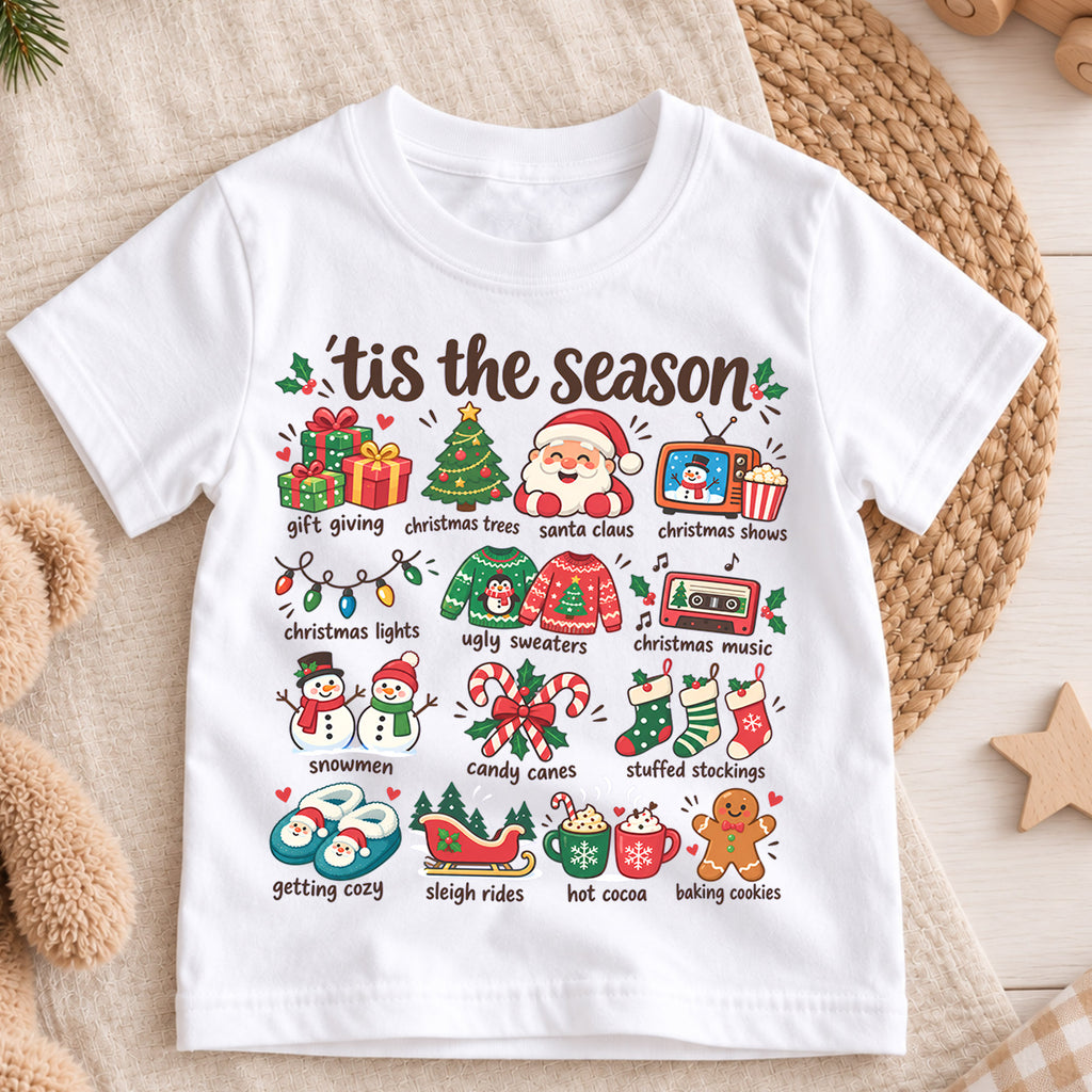 Tis the Season Kids Christmas Shirt, Santa Holiday Favorites Tee, Cute Christmas Icons Shirt for Boys and Girls, Festive Holiday Outfit — product view 3