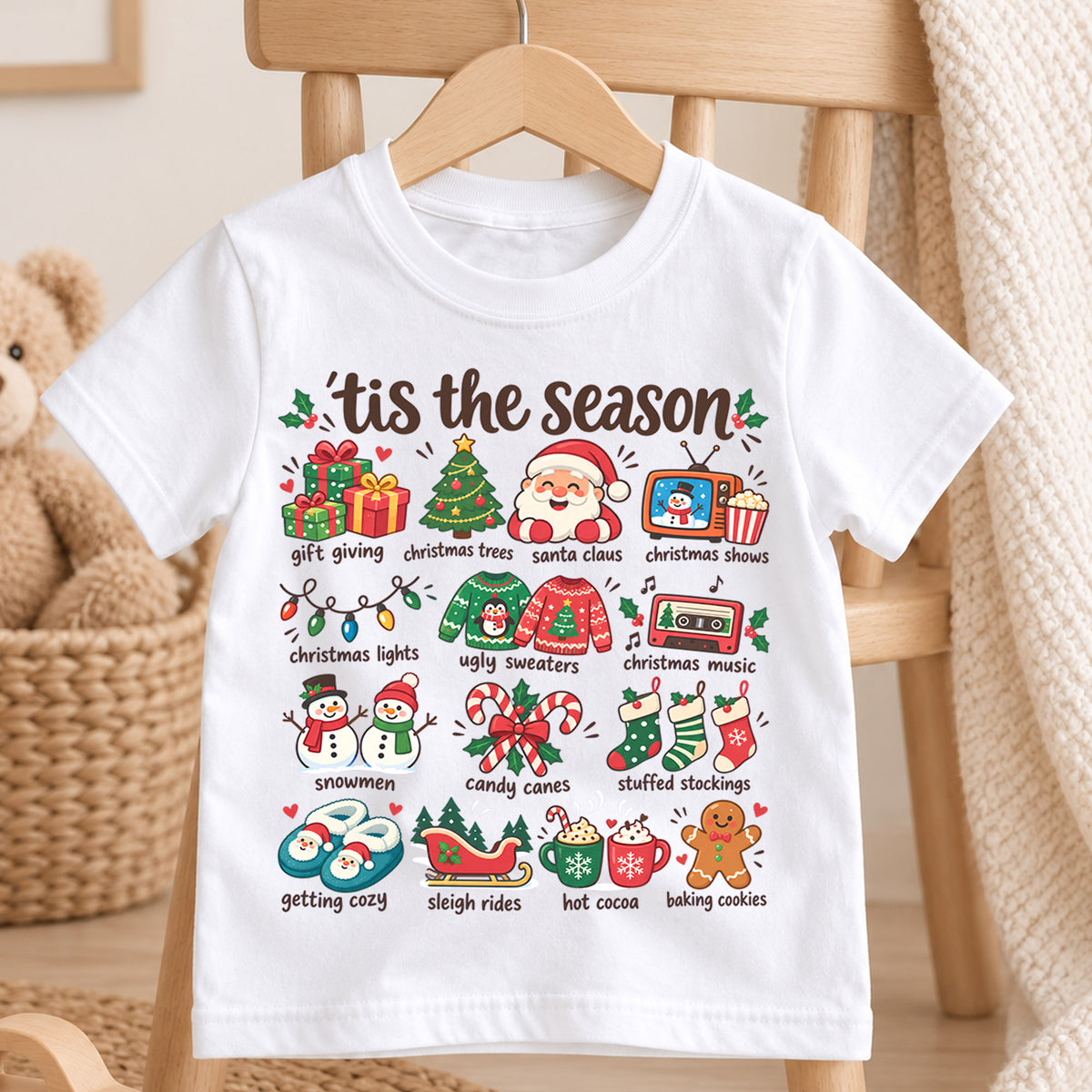 Tis the Season Kids Christmas Shirt, Santa Holiday Favorites Tee, Cute Christmas Icons Shirt for Boys and Girls, Festive Holiday Outfit — product view 4