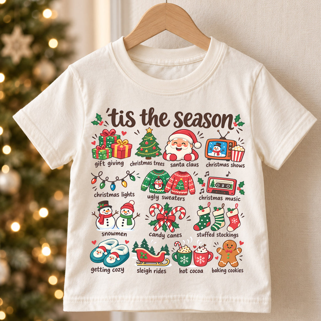 Tis the Season Kids Christmas Shirt, Santa Holiday Favorites Tee, Cute Christmas Icons Shirt for Boys and Girls, Festive Holiday Outfit — product view 5