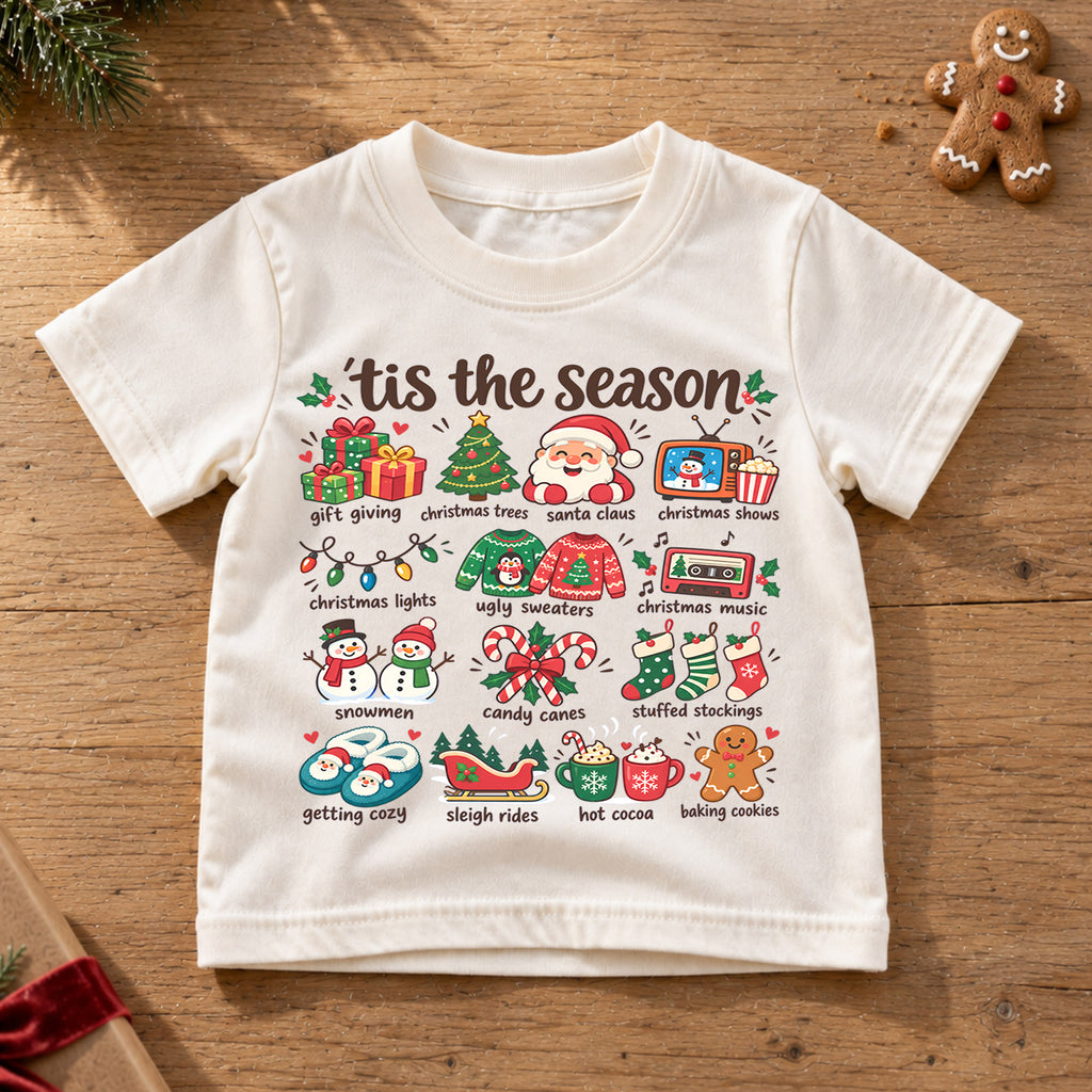 Tis the Season Kids Christmas Shirt, Santa Holiday Favorites Tee, Cute Christmas Icons Shirt for Boys and Girls, Festive Holiday Outfit — product view 6