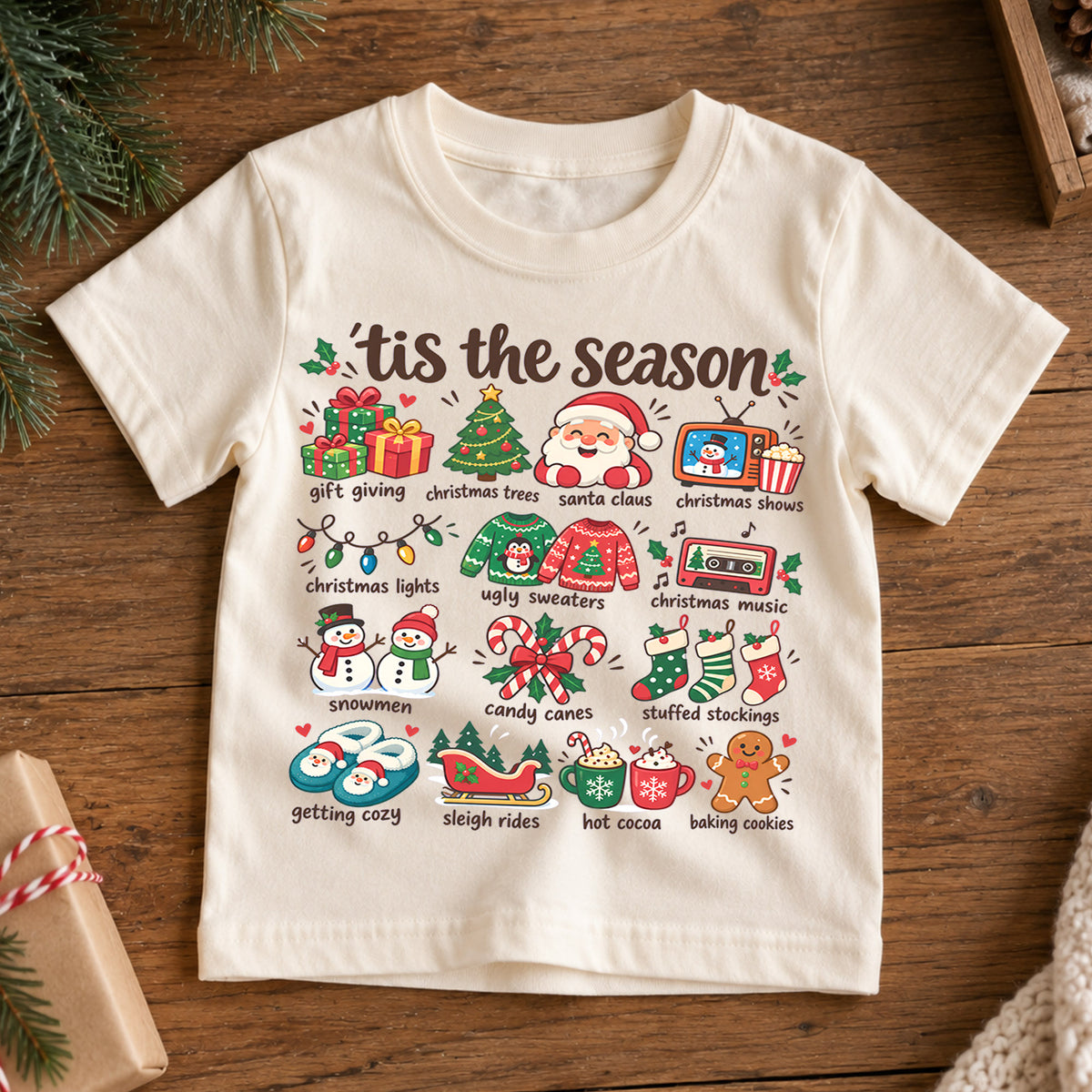 Tis the Season Kids Christmas Shirt, Santa Holiday Favorites Tee, Cute Christmas Icons Shirt for Boys and Girls, Festive Holiday Outfit — product view 7
