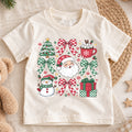 Christmas Bow Collage Kids Shirt, Santa Snowman Hot Cocoa Tee, Red Green Holiday Outfit for Boys Girls, Cute Festive Christmas Gift for Kids — product view 1