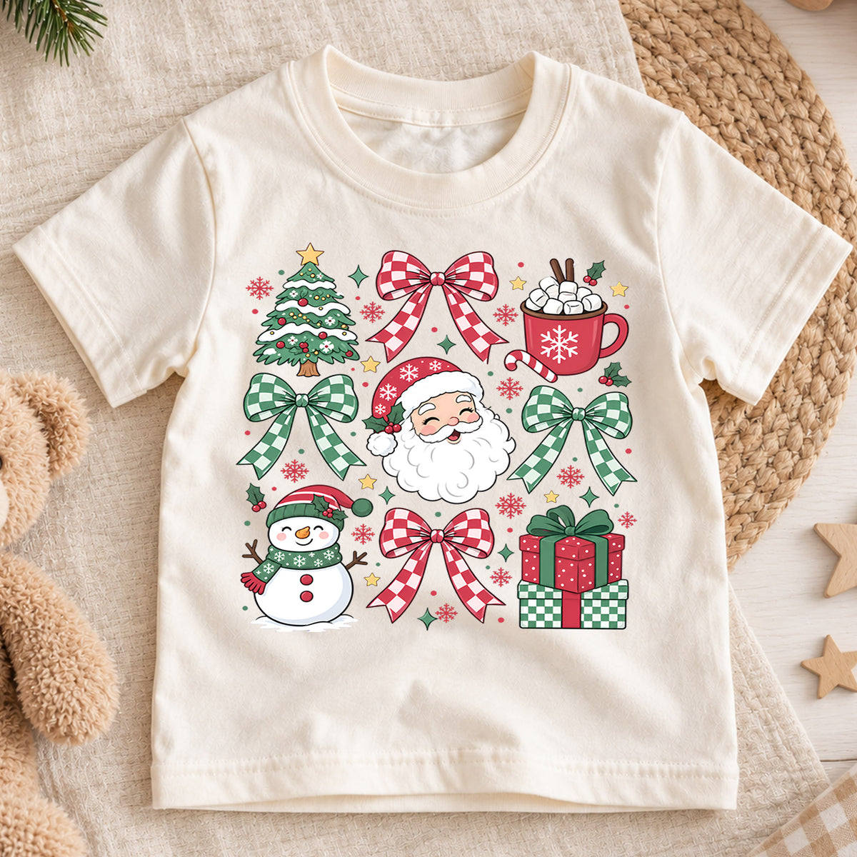 Christmas Bow Collage Kids Shirt, Santa Snowman Hot Cocoa Tee, Red Green Holiday Outfit for Boys Girls, Cute Festive Christmas Gift for Kids — product view 1
