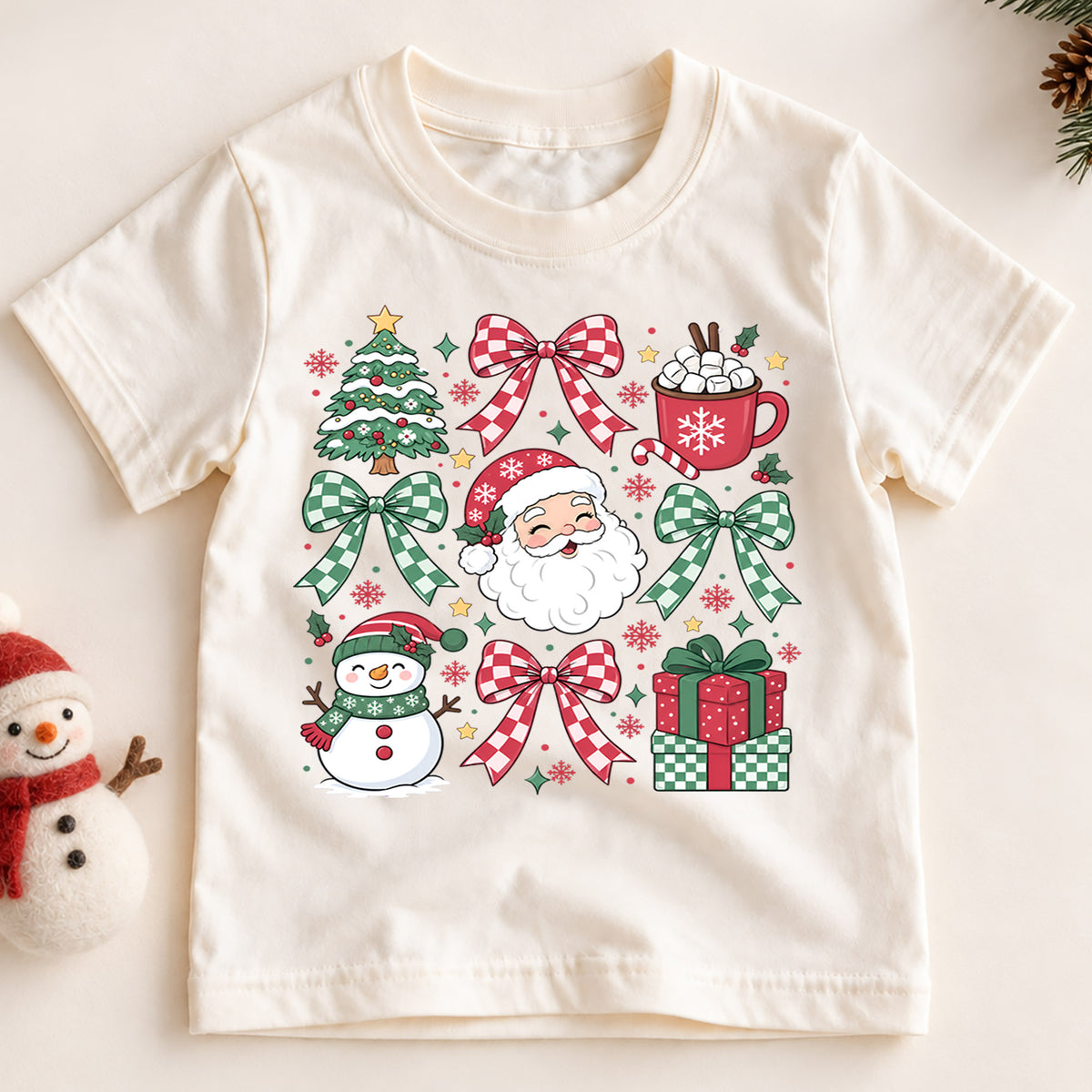 Christmas Bow Collage Kids Shirt, Santa Snowman Hot Cocoa Tee, Red Green Holiday Outfit for Boys Girls, Cute Festive Christmas Gift for Kids — product view 2