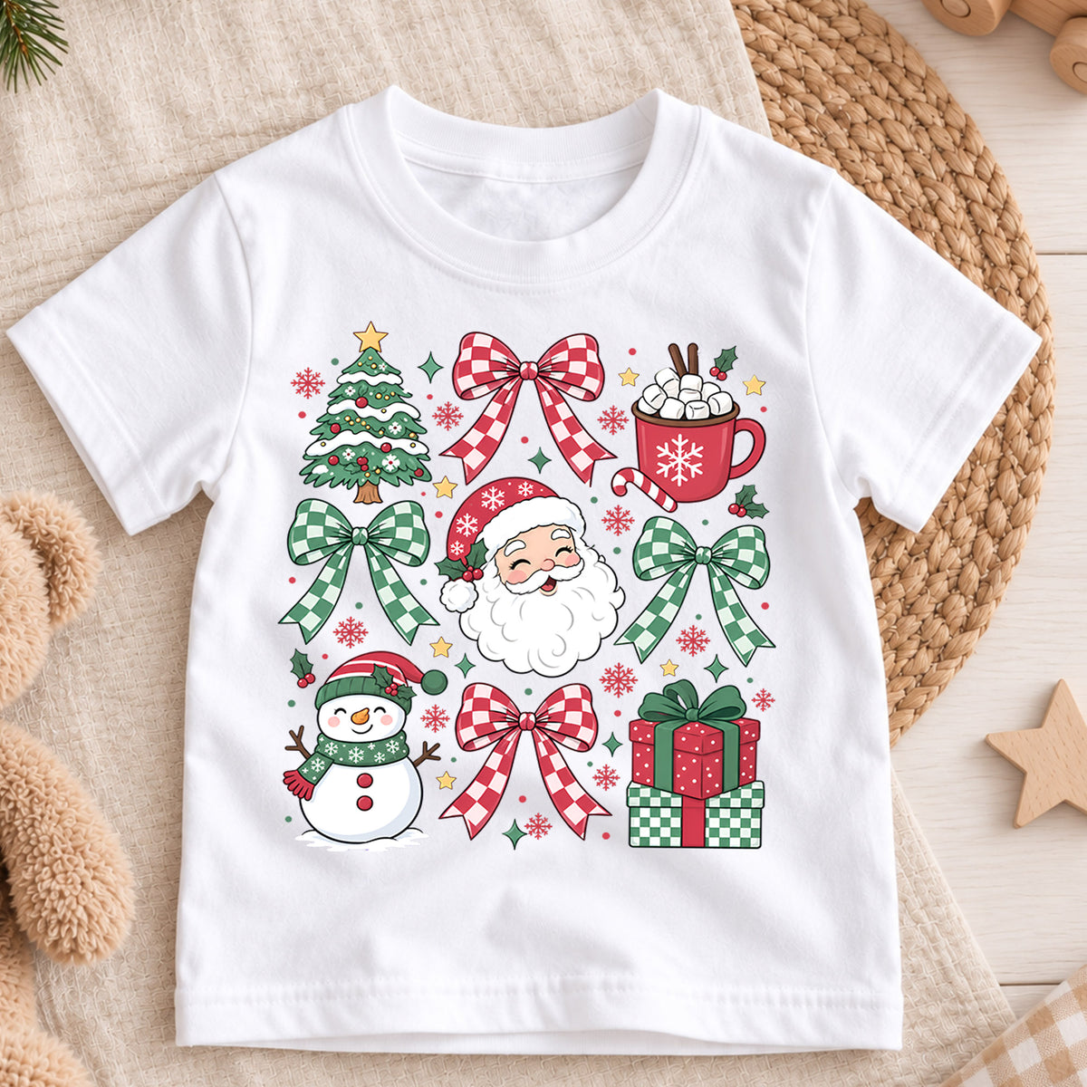 Christmas Bow Collage Kids Shirt, Santa Snowman Hot Cocoa Tee, Red Green Holiday Outfit for Boys Girls, Cute Festive Christmas Gift for Kids — product view 3