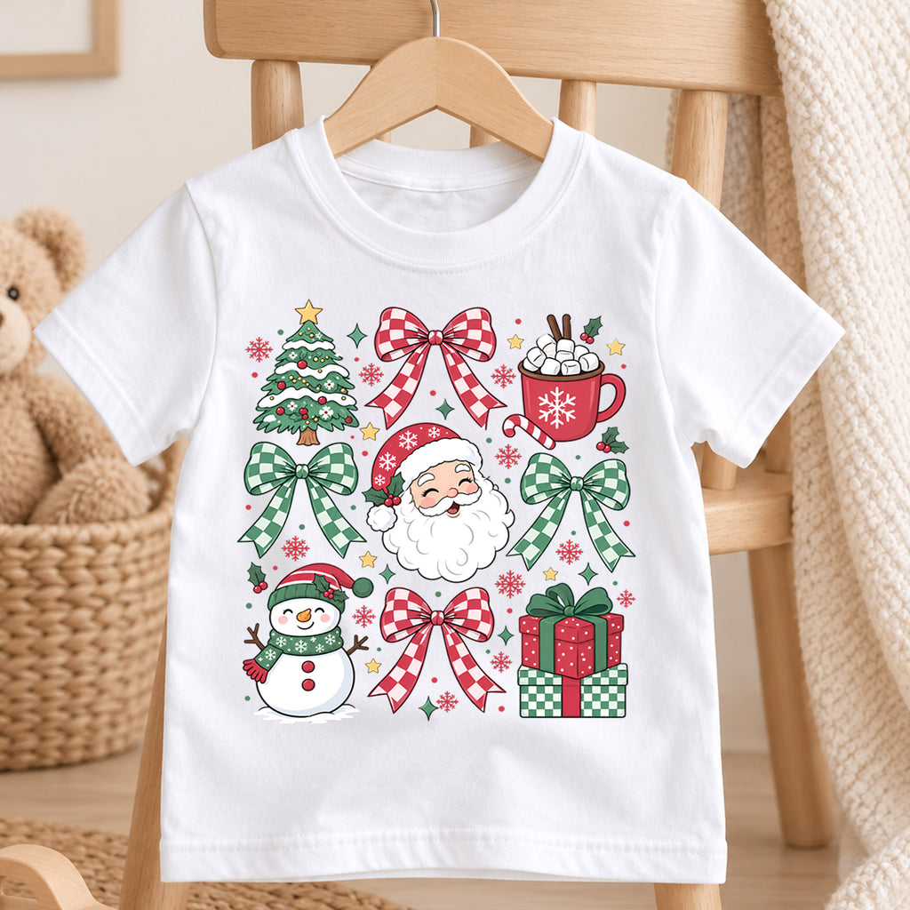 Christmas Bow Collage Kids Shirt, Santa Snowman Hot Cocoa Tee, Red Green Holiday Outfit for Boys Girls, Cute Festive Christmas Gift for Kids — product view 4